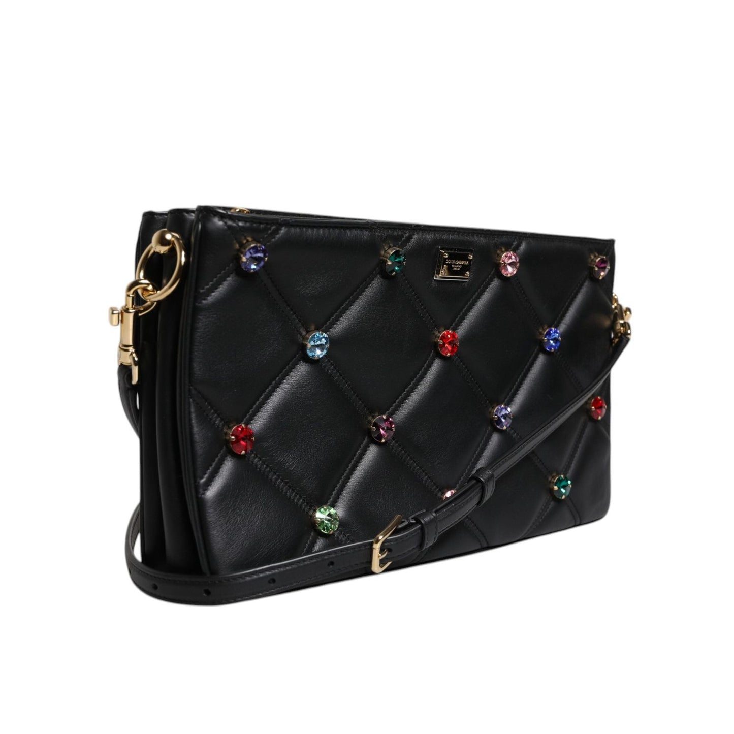 Dolce & Gabbana Black Leather Crystal Embellished Logo Shoulder Bag
