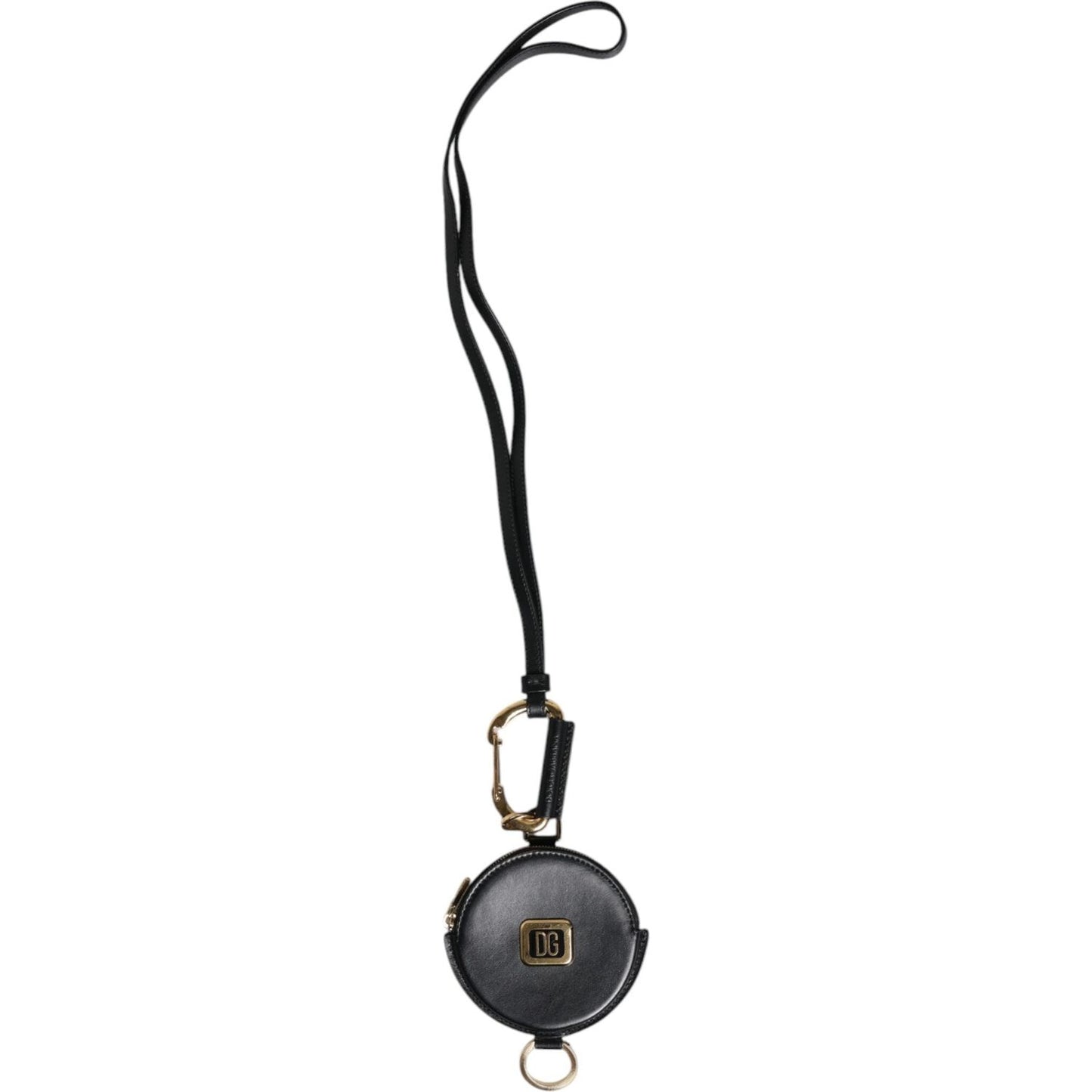 Dolce & Gabbana Black Round Leather DG Logo Coin Purse Lanyard Wallet BAG4199