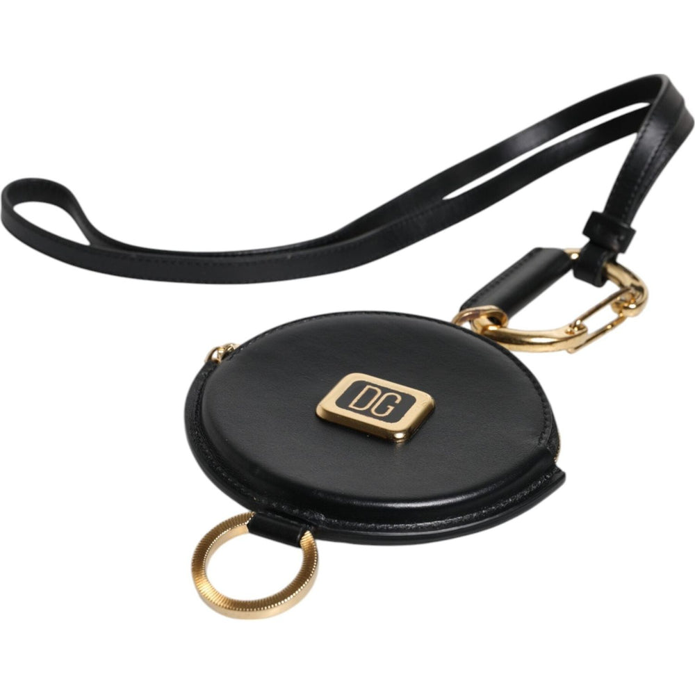 Dolce & Gabbana Black Round Leather DG Logo Coin Purse Lanyard Wallet BAG4199