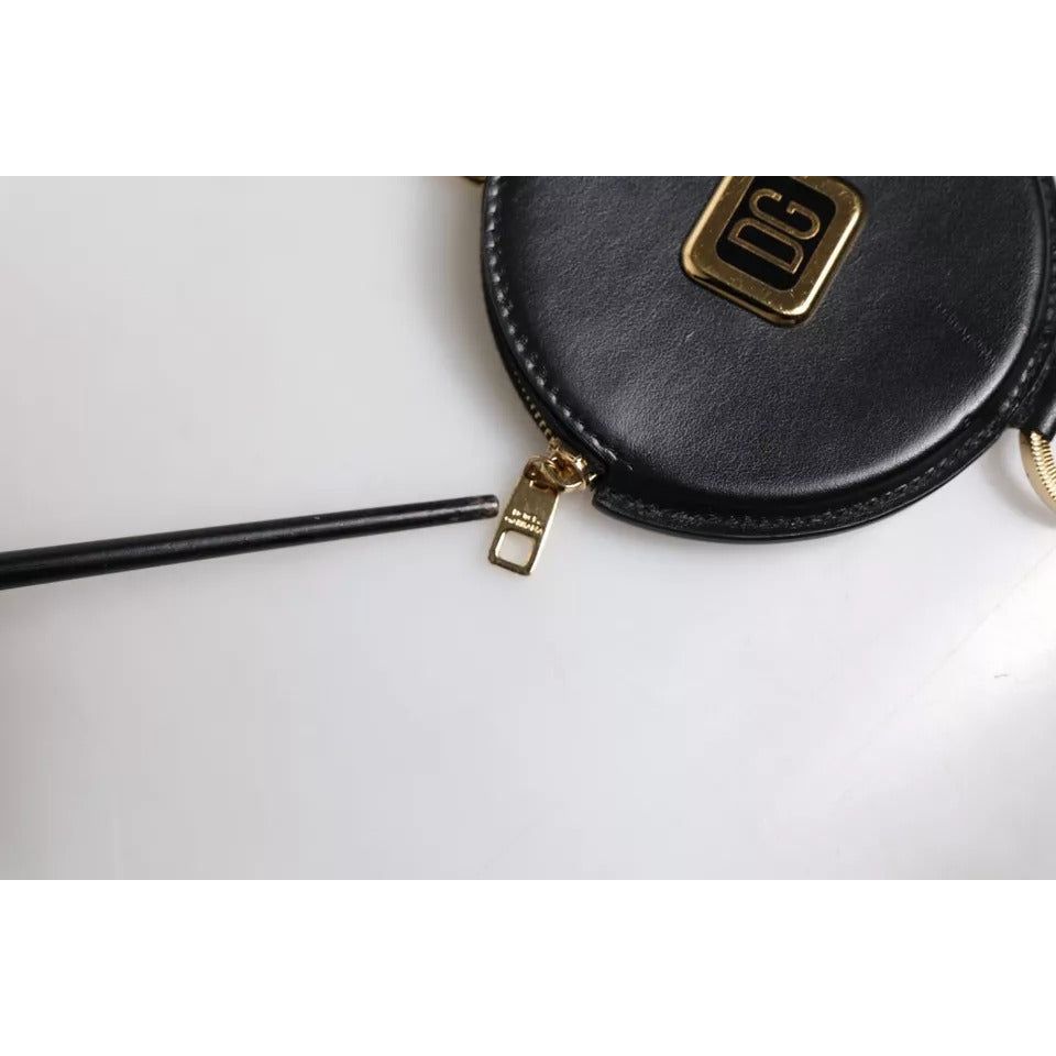 Dolce & Gabbana Black Round Leather DG Logo Coin Purse Lanyard Wallet BAG4199