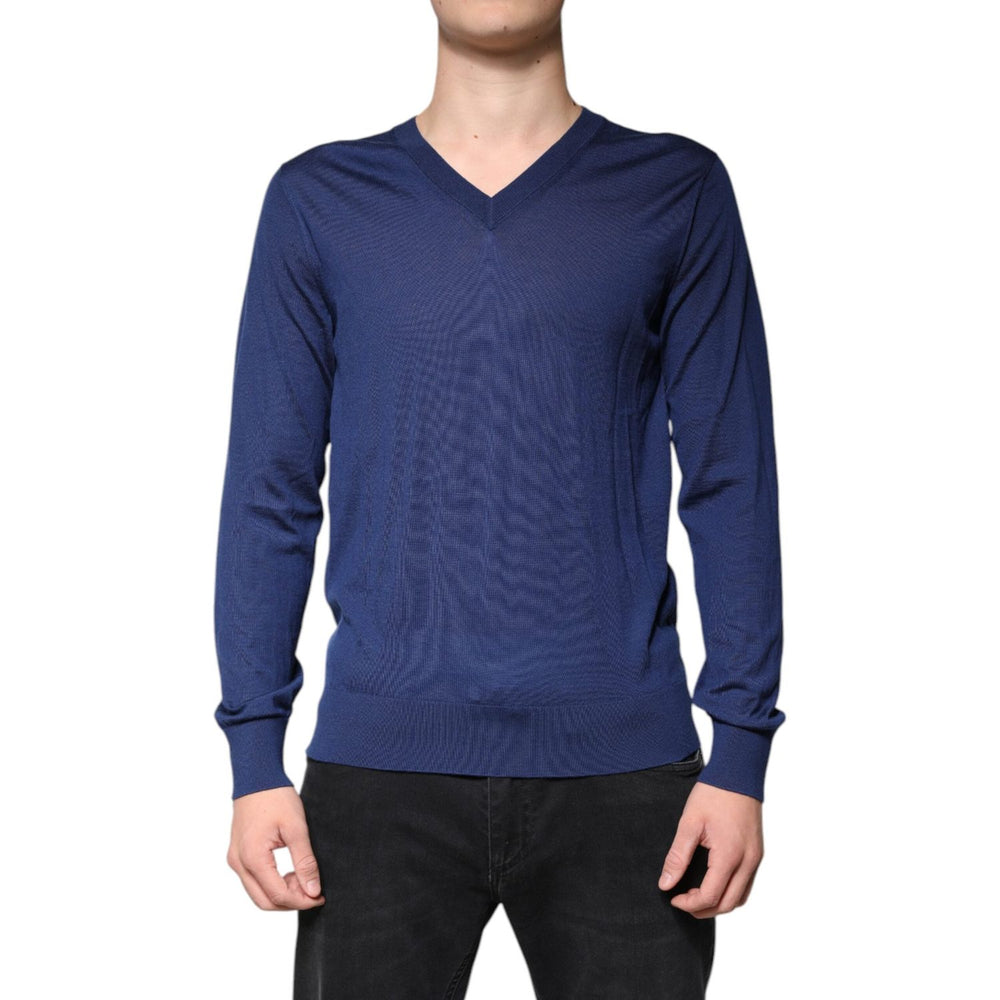 Dolce & Gabbana Navy Blue Cashmere V-neck Pullover Sweater TSH87485-48