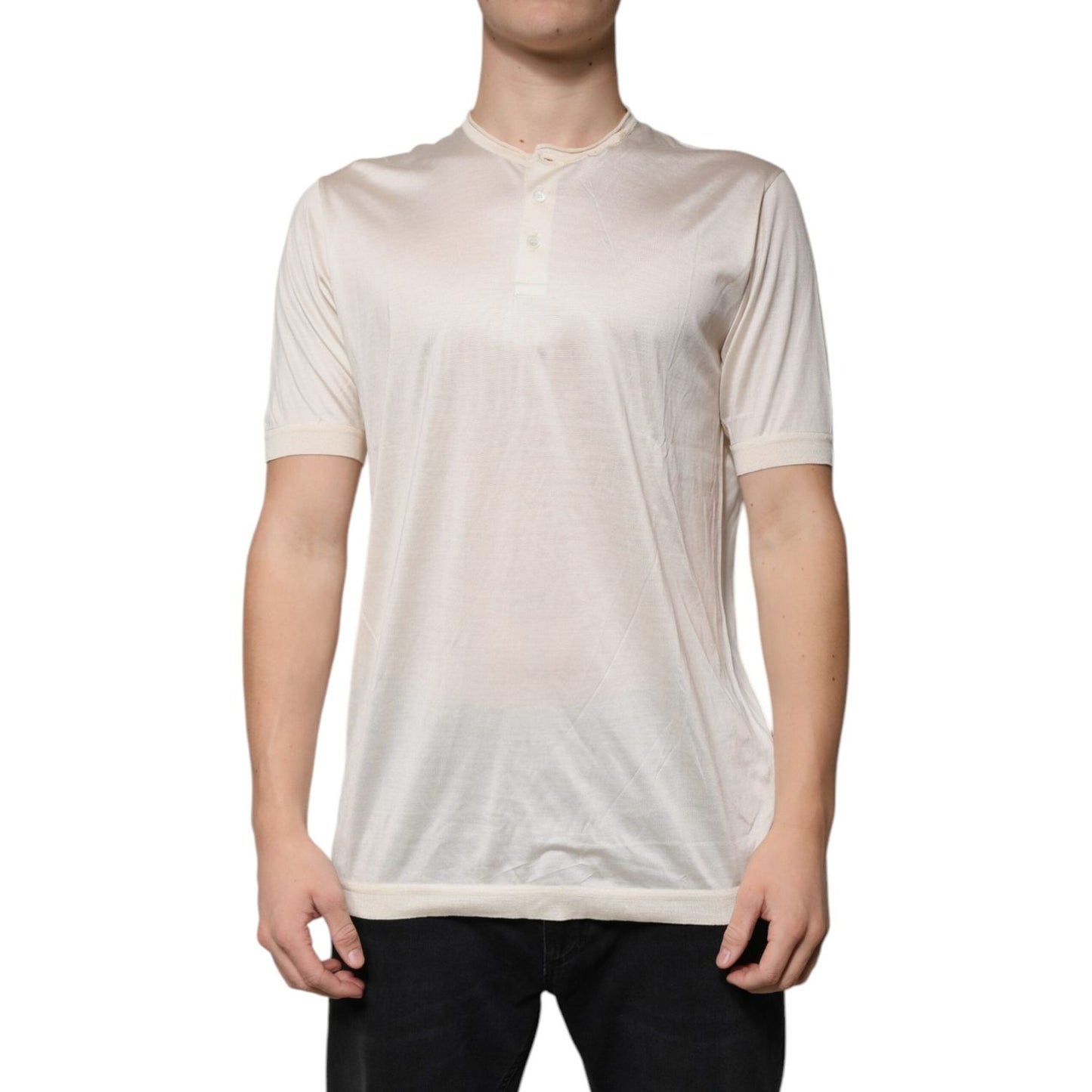 Dolce & Gabbana Off White Silk Crew Neck Henley T-shirt TSH87811-52
