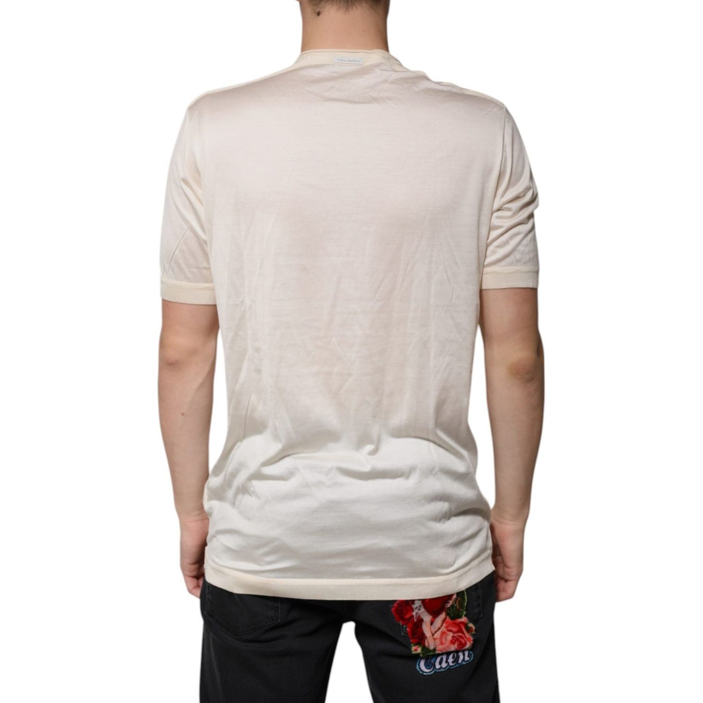 Dolce & Gabbana Off White Silk Crew Neck Henley T-shirt TSH87811-52