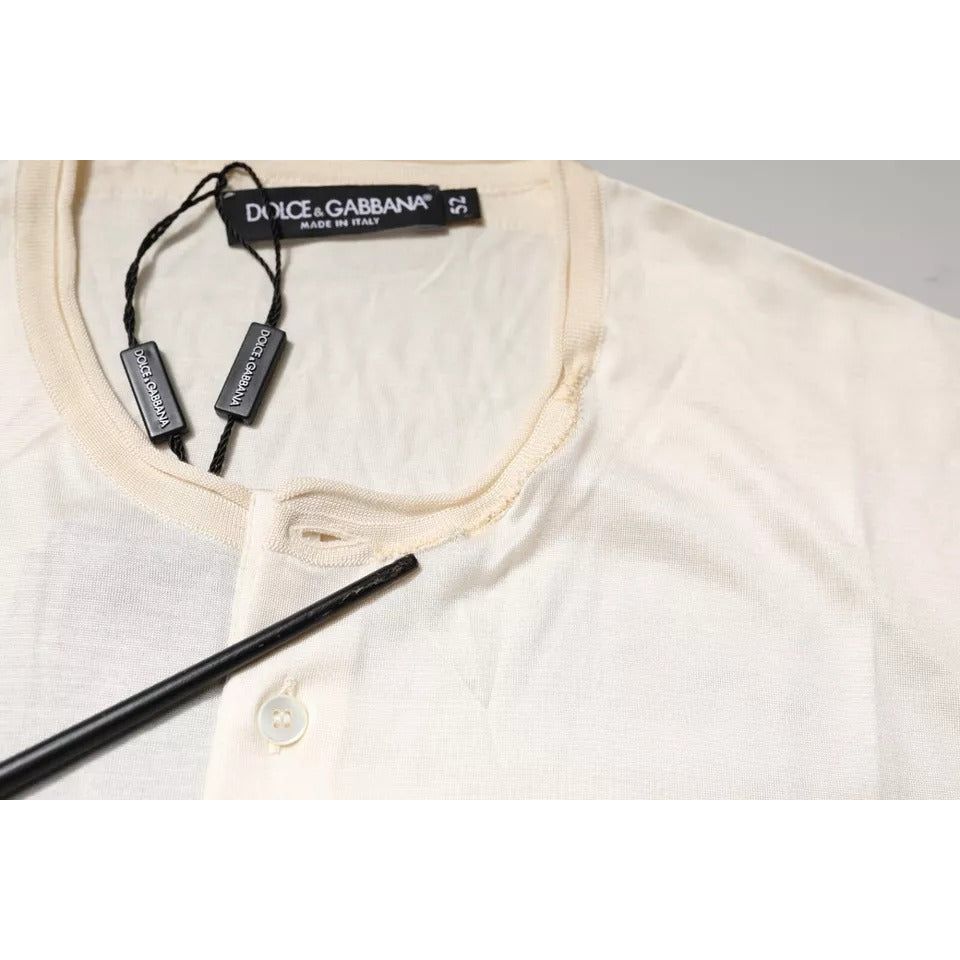 Dolce & Gabbana Off White Silk Crew Neck Henley T-shirt TSH87811-52
