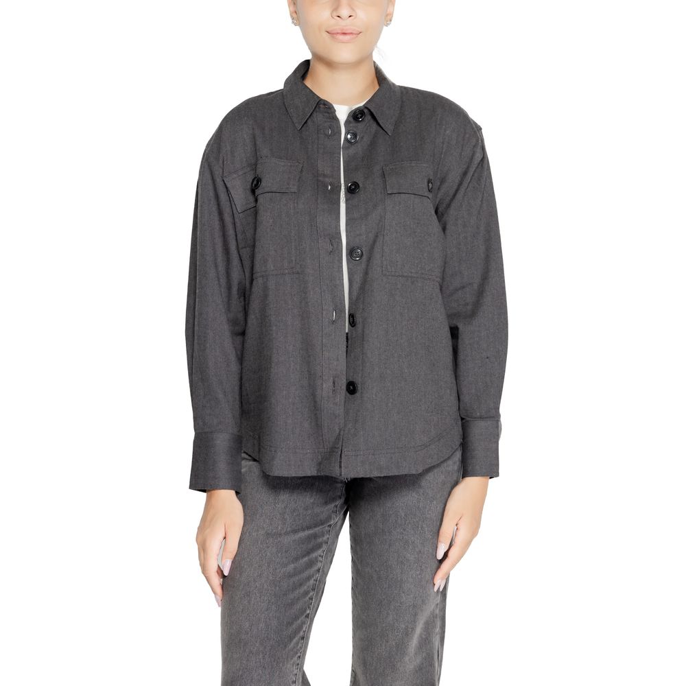 Jacqueline De Yong Black Recycled Cotton Blouse, women's long-sleeve, eco-friendly, loose fit, casual modern look, front view.