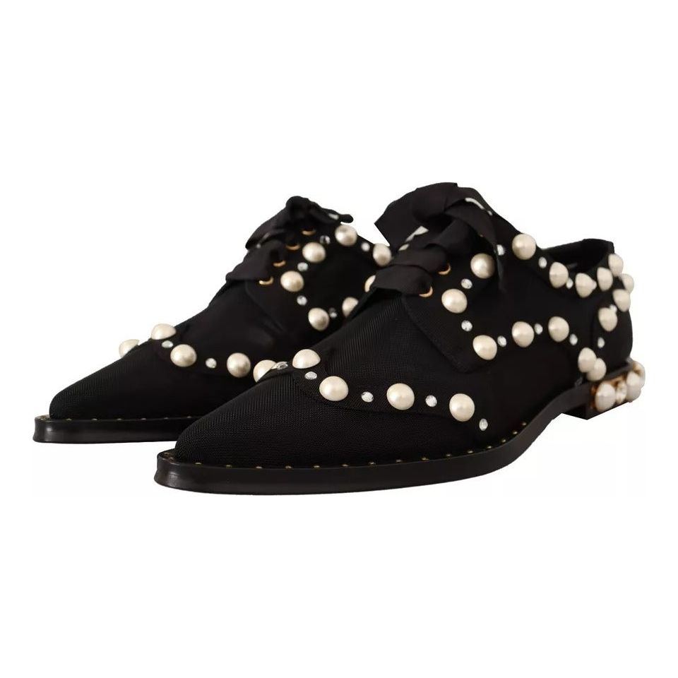 Dolce & Gabbana Black Lace Up Jewelled Formal Flats Shoes LA9655-39