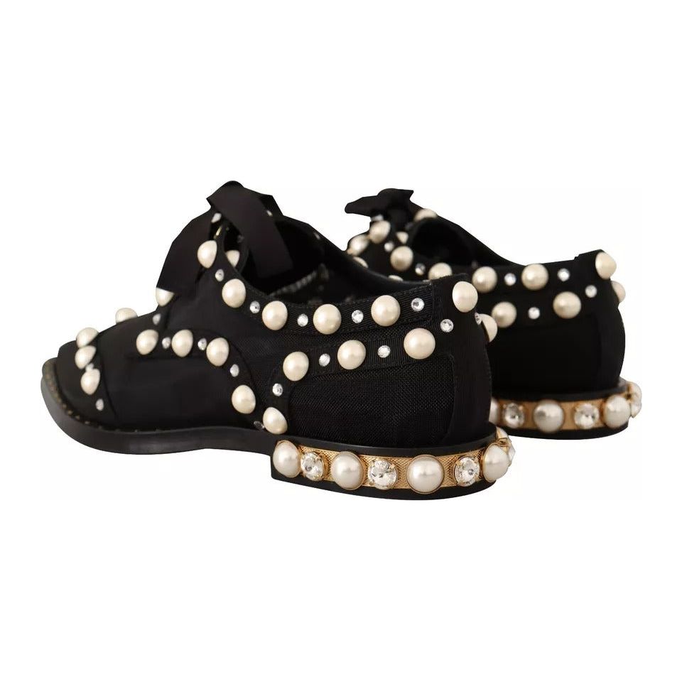 Dolce & Gabbana Black Lace Up Jewelled Formal Flats Shoes LA9655-39