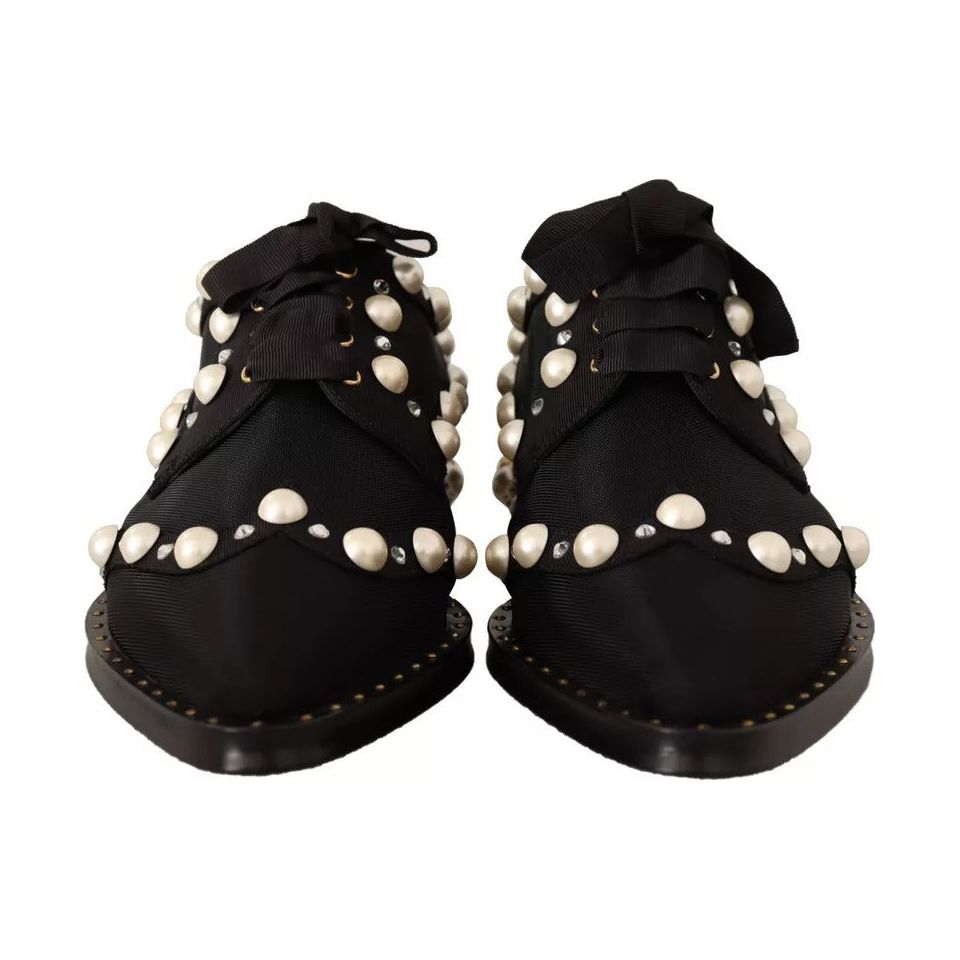 Dolce & Gabbana Black Lace Up Jewelled Formal Flats Shoes LA9655-39