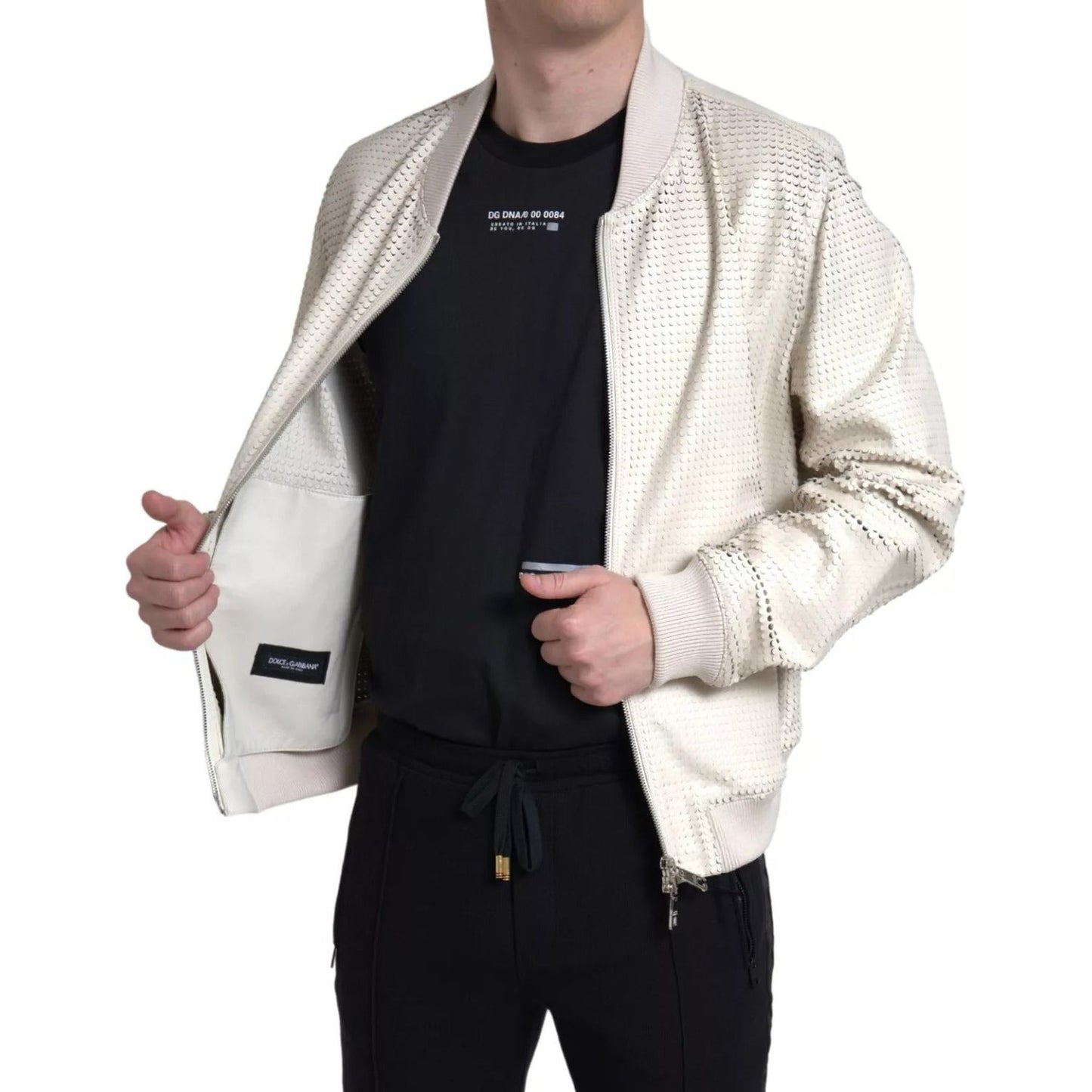 Dolce & Gabbana Off White LeatherPerforated Full Zip Jacket JKT3658-54