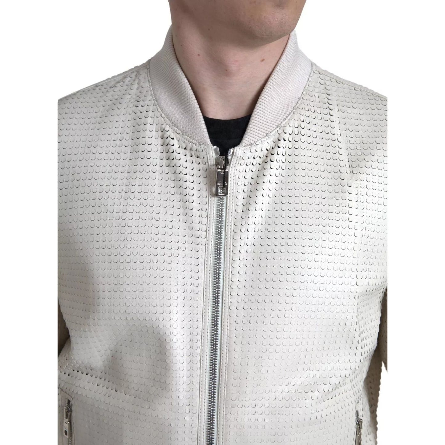 Dolce & Gabbana Off White LeatherPerforated Full Zip Jacket JKT3658-54
