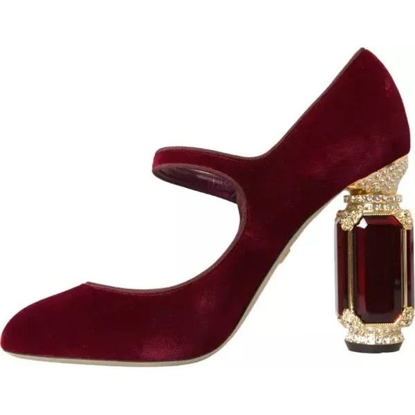 Dolce & Gabbana Red Velvet Gold Crystals Heels Mary Janes Shoes LA10580#2-40