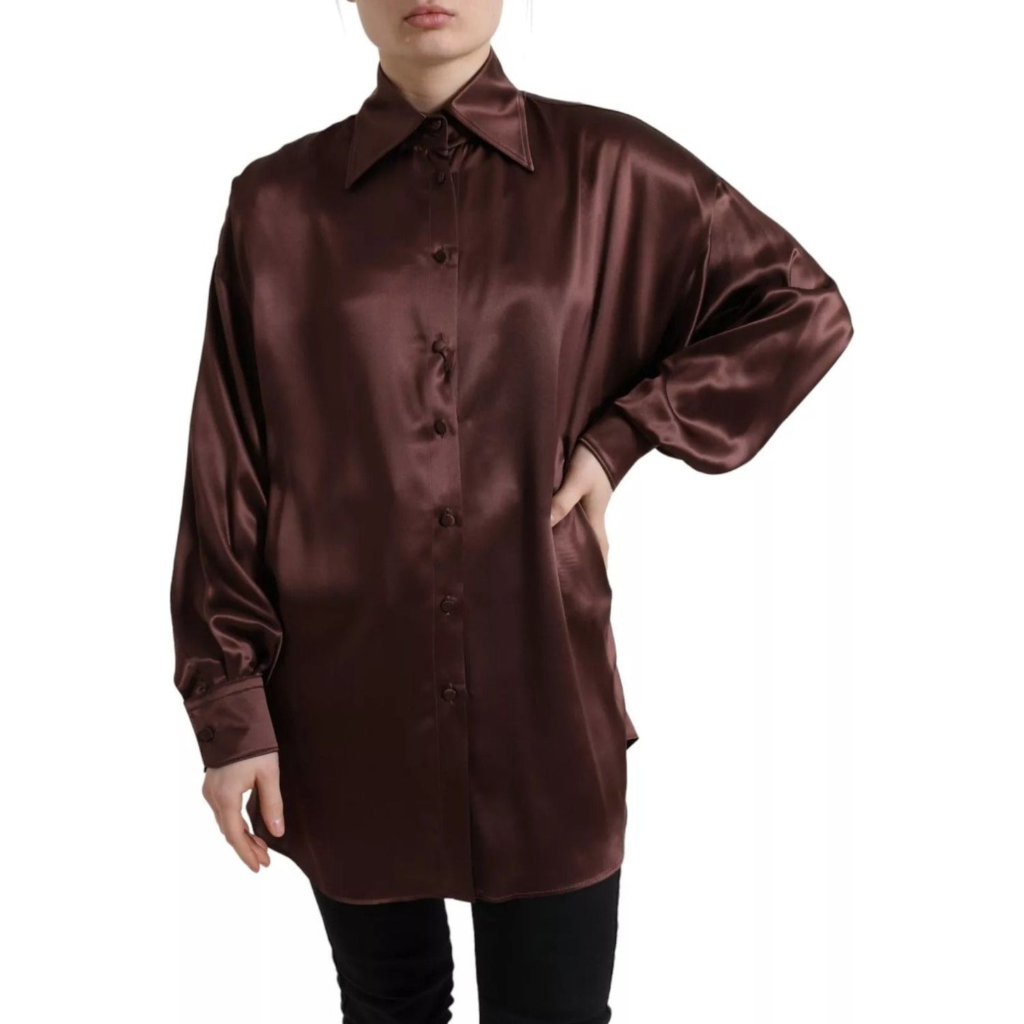 Dolce & Gabbana Brown Silk Collared Long Sleeves Top Blouse TSH84241-36