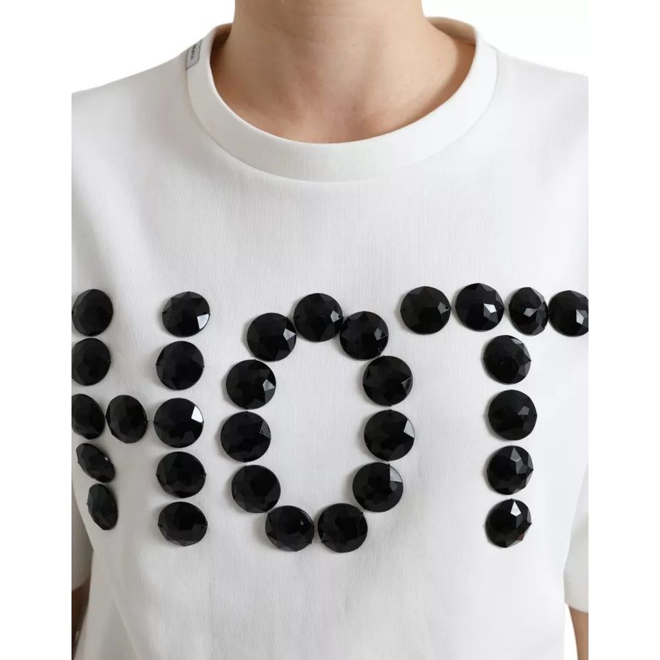 Dolce & Gabbana White Cotton Stretch Black HOT Crystal T-shirt TSH99919-M