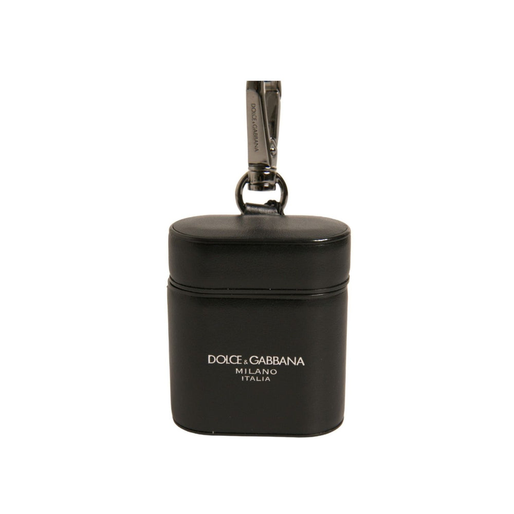 Dolce & Gabbana Black Leather Logo Silver Metal Strap Airpods Case