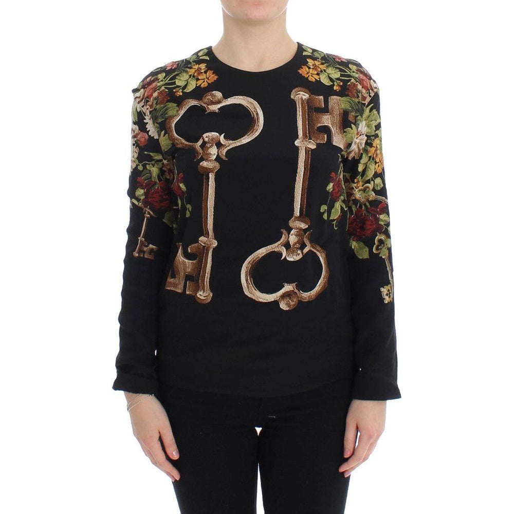 Dolce & Gabbana Black Key Floral Print Silk Blouse Top SIG13271-1