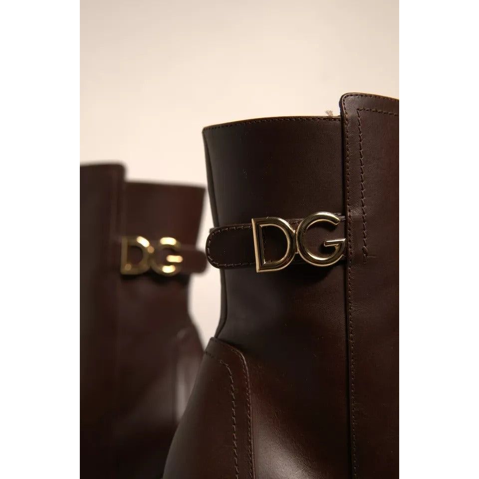 Dolce & Gabbana Brown Leather Heels Mid Calf Boots Shoes LA12421-36.5