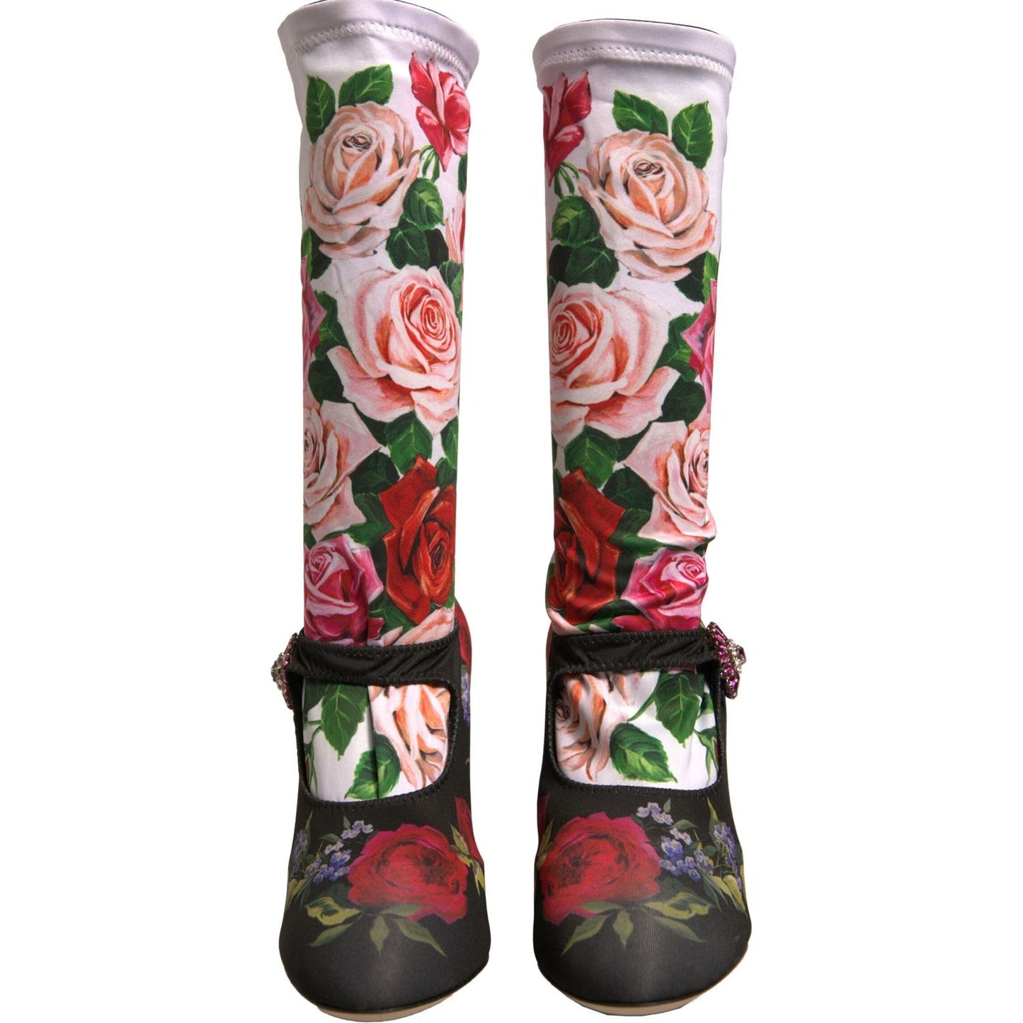 Dolce & Gabbana Black Floral Socks Crystal Boots Jersey Shoes LA12325-38