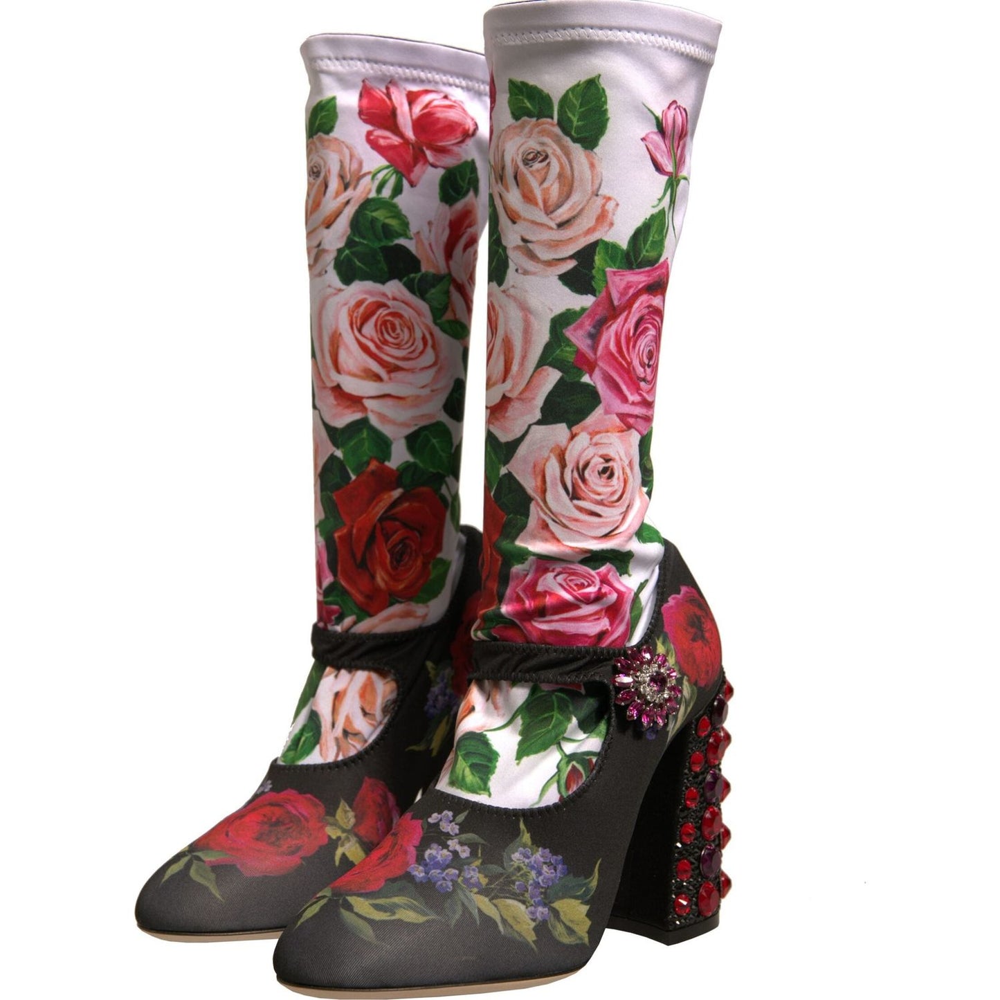 Dolce & Gabbana Black Floral Socks Crystal Boots Jersey Shoes LA12325-38