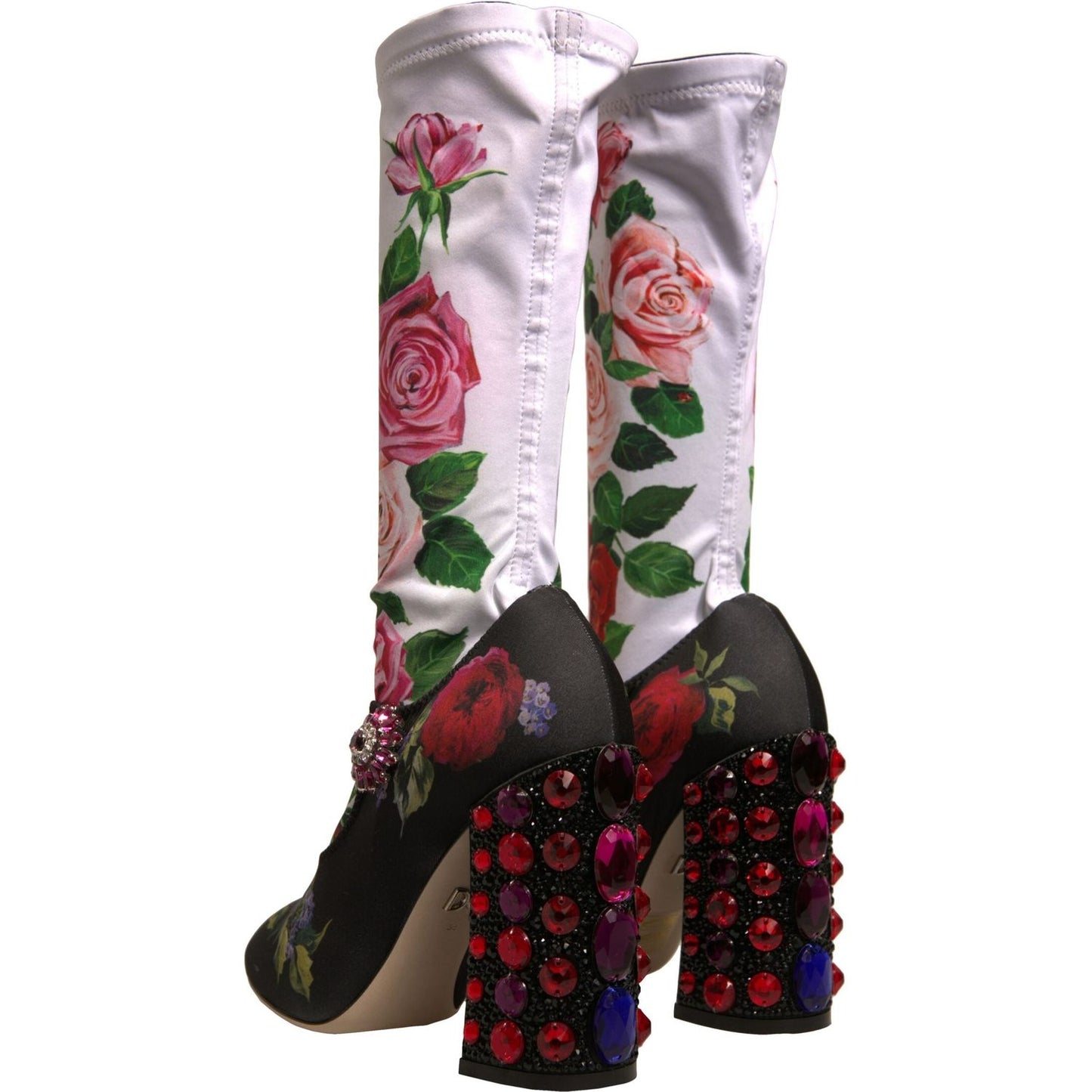 Dolce & Gabbana Black Floral Socks Crystal Boots Jersey Shoes LA12325-38