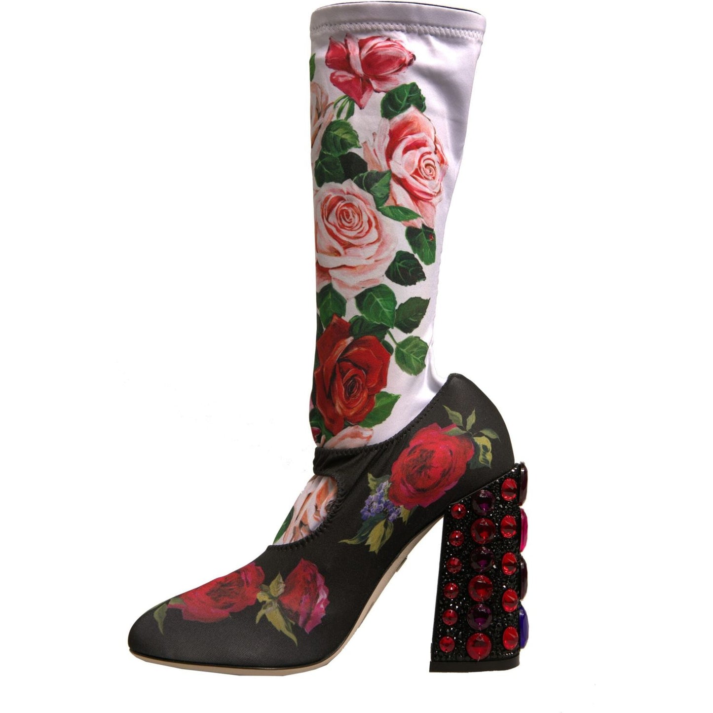 Dolce & Gabbana Black Floral Socks Crystal Boots Jersey Shoes LA12325-38