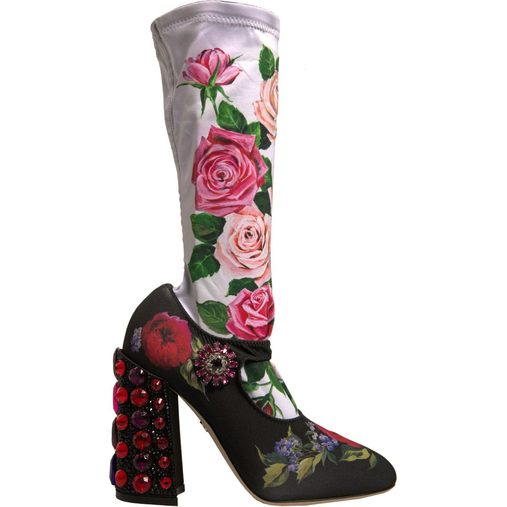 Dolce & Gabbana Black Floral Socks Crystal Boots Jersey Shoes LA12325-38