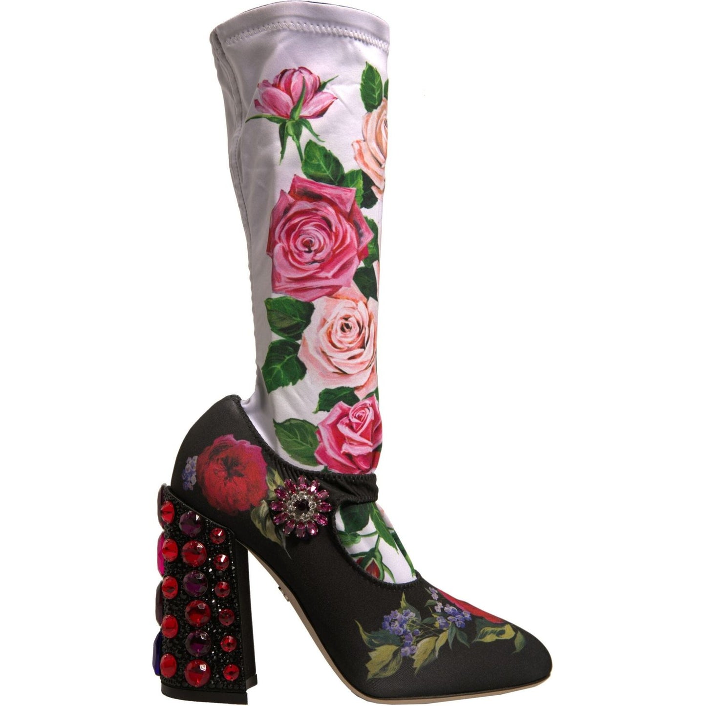 Dolce & Gabbana Black Floral Socks Crystal Boots Jersey Shoes LA12325-38