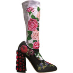 Dolce & Gabbana Black Floral Socks Crystal Boots Jersey Shoes LA12325-38