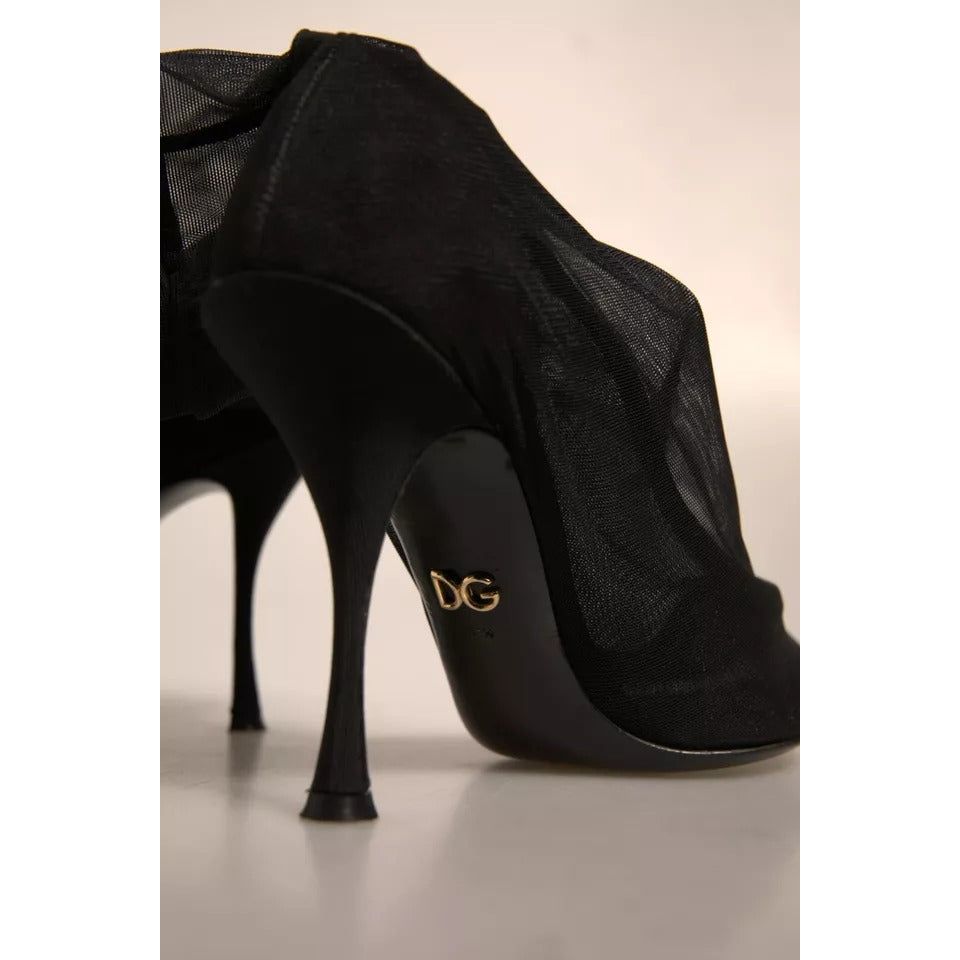 Dolce & Gabbana Black Silk Mesh Sock Style Heels Boots Shoes LA12350-38.5