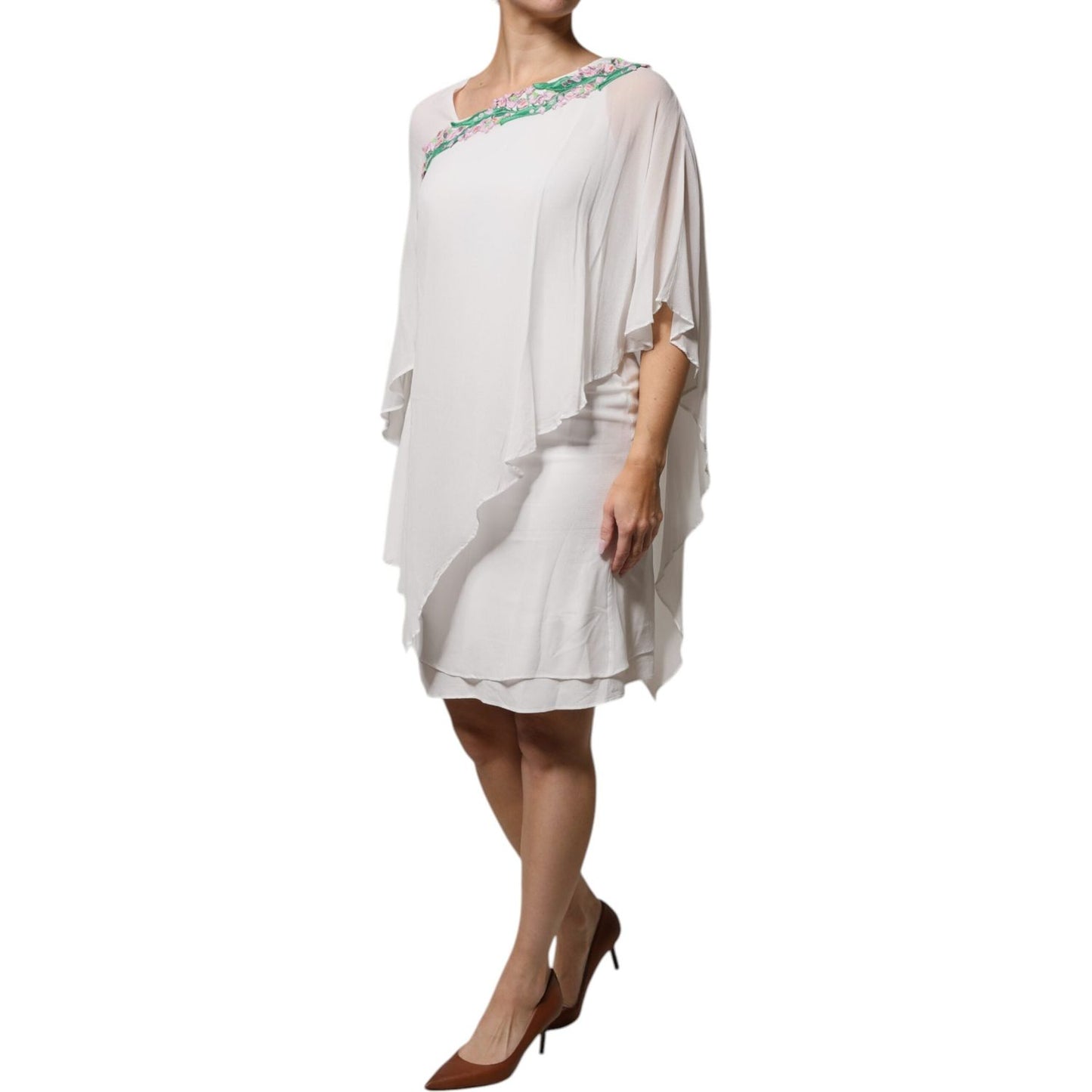 Blumarine White Floral Embroidery Viscose Chiffon Shift Dress DR281349-44