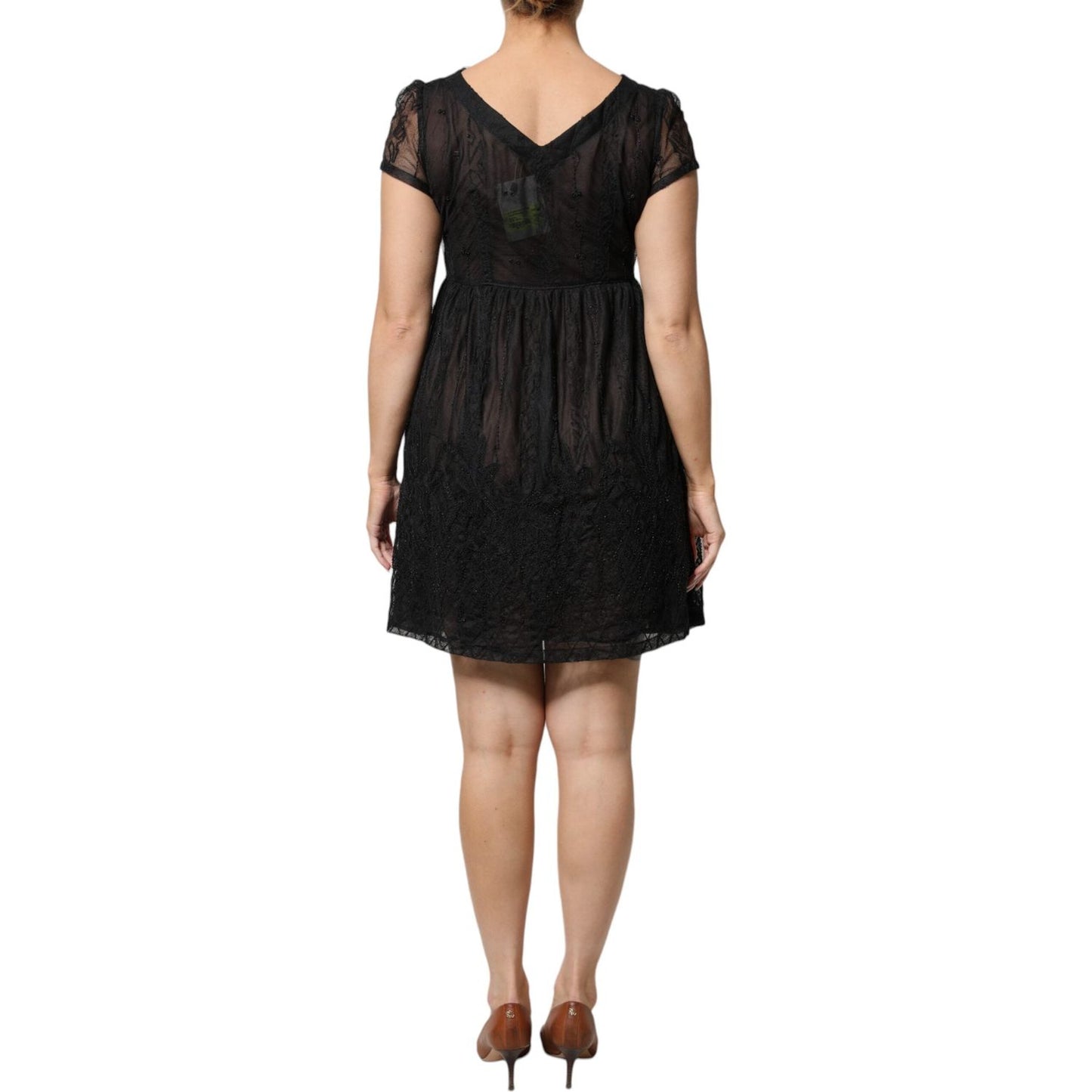 Blugirl Black Short Sleeves Floral Lace Trim A-line Mini Dress DR281359-42