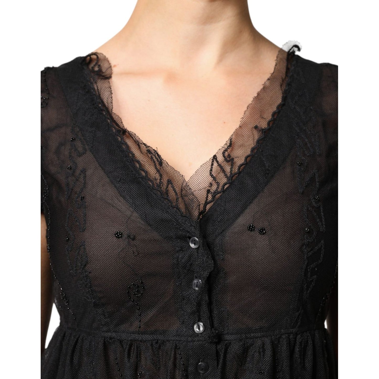 Blugirl Black Short Sleeves Floral Lace Trim A-line Mini Dress DR281359-42