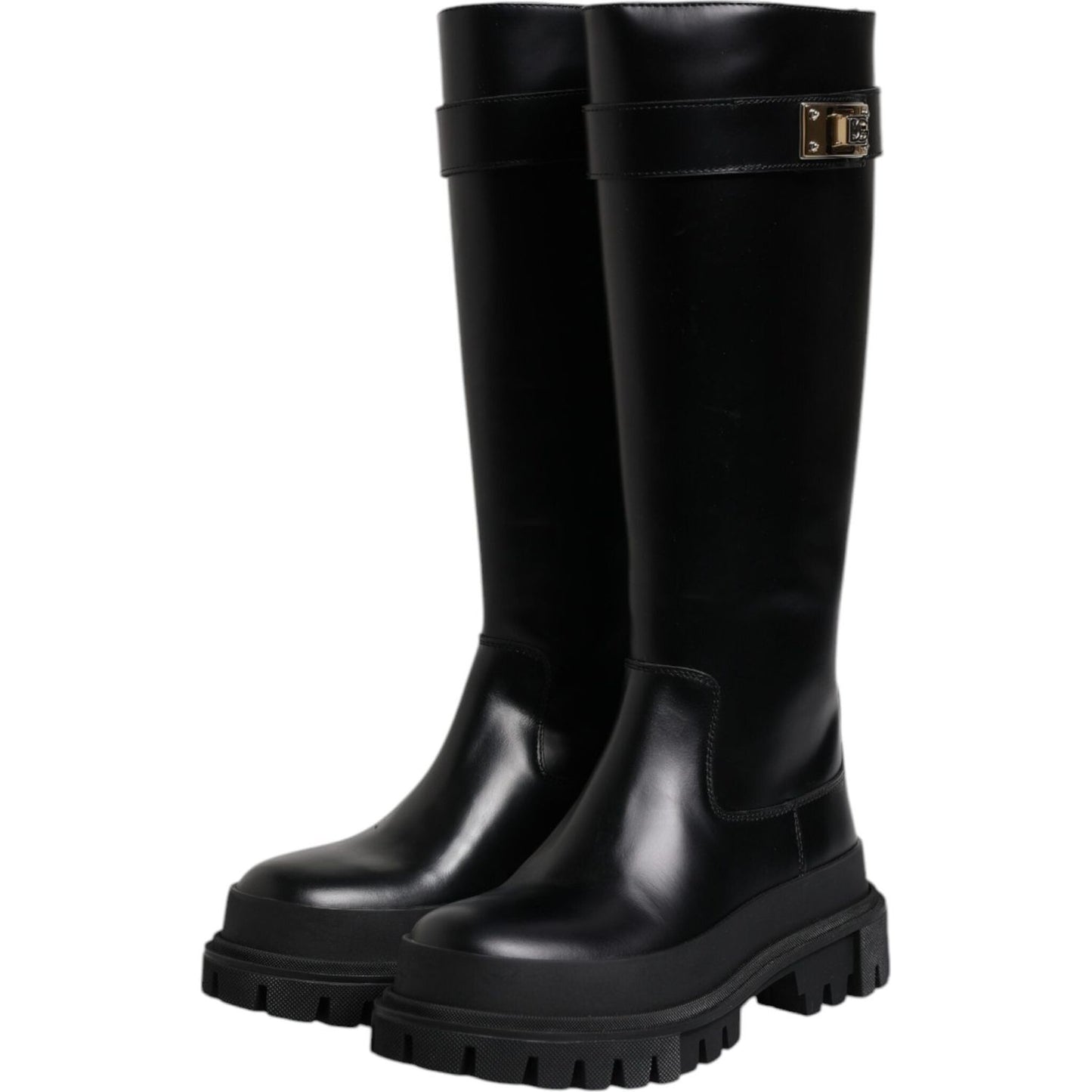 Dolce & Gabbana Black DG Logo Calf Leather High Boots Shoes LA12451-37