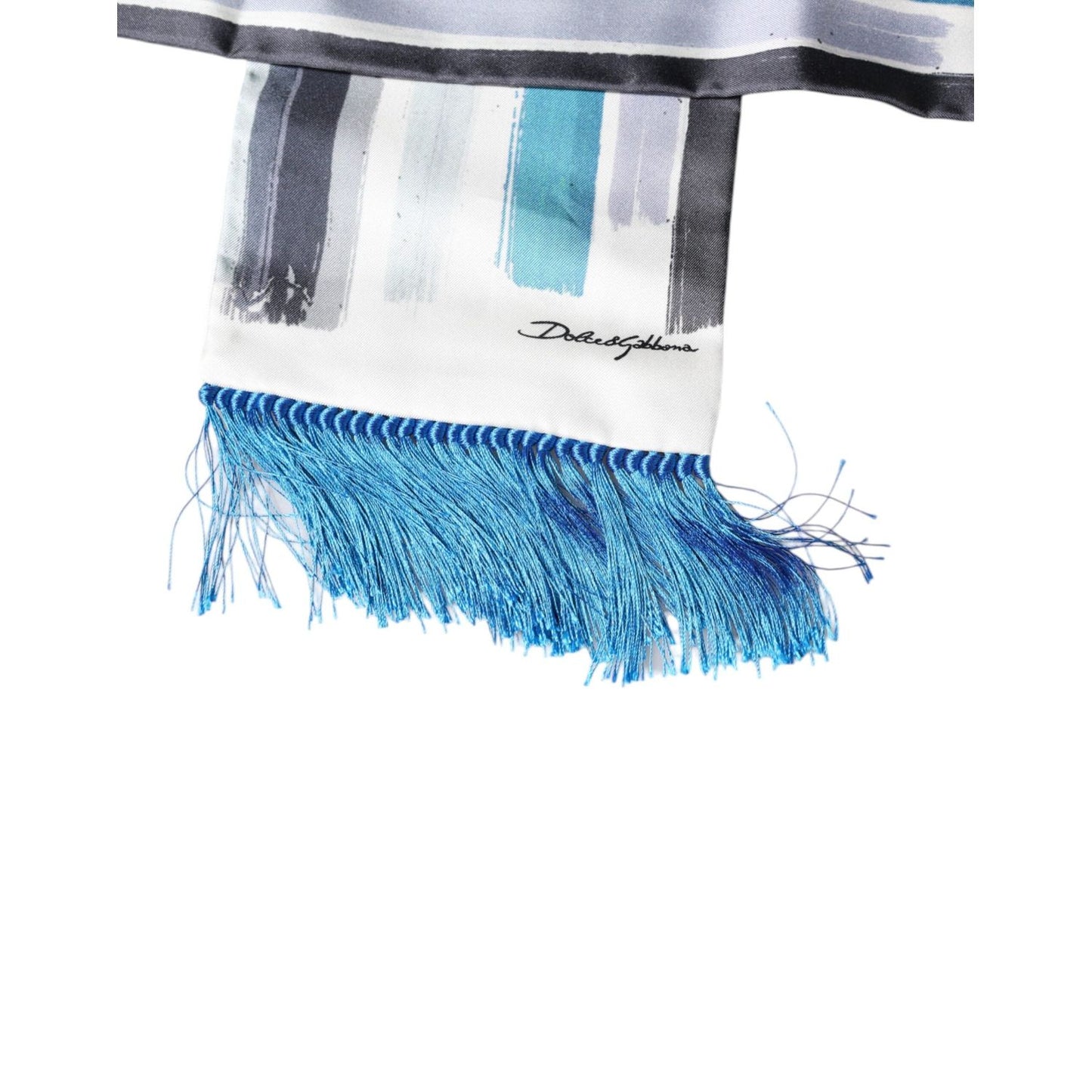 Dolce & Gabbana White Blue Stripes Silk Fringes Wrap Scarf MS7424
