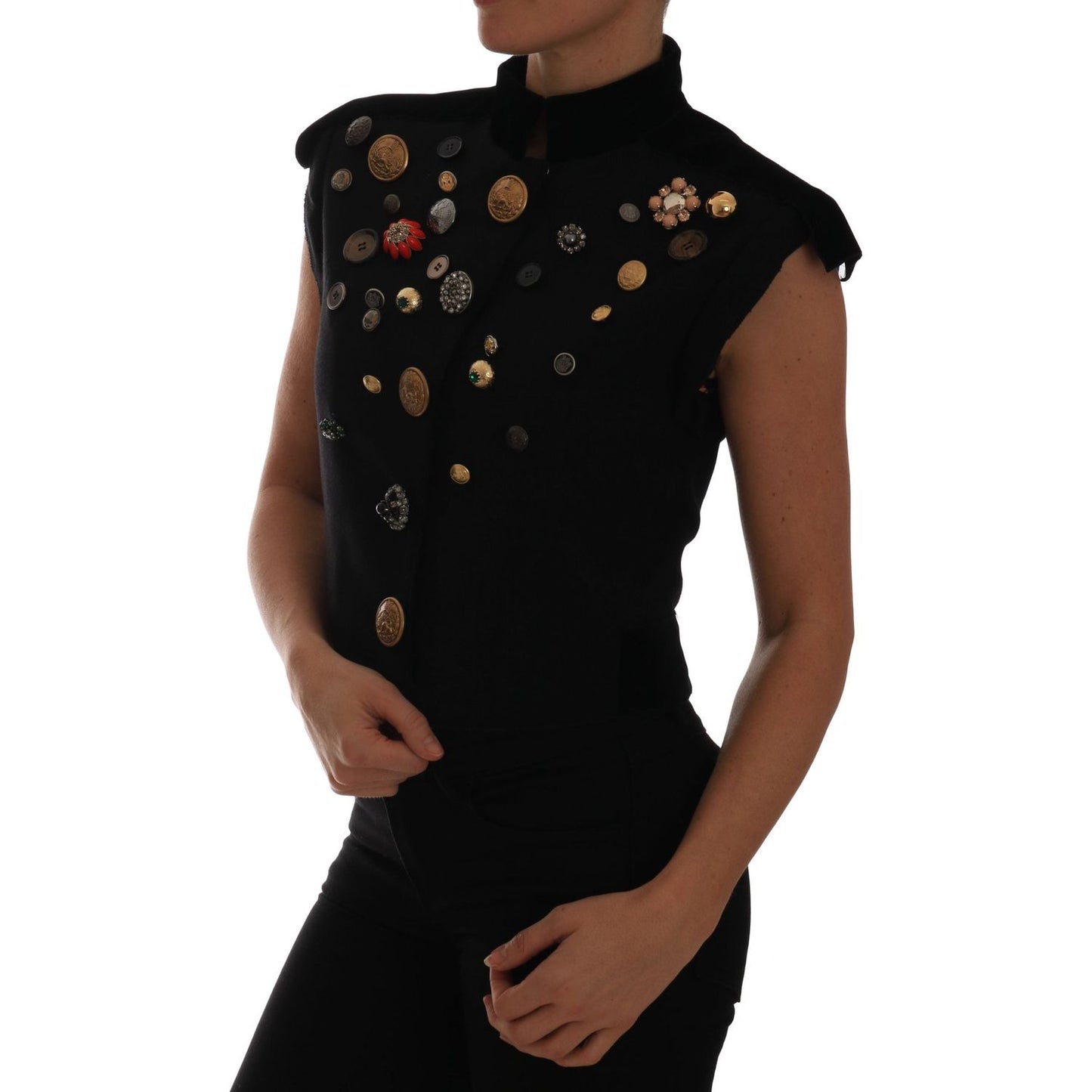 Dolce & Gabbana Black Embellished Floral Military Jacket Vest TSH2410-40