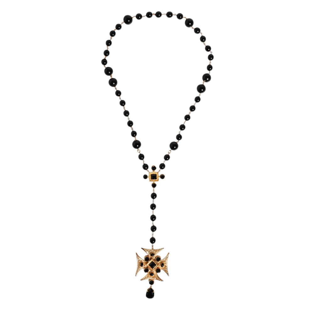 Dolce & Gabbana Gold Tone Brass Cross Black Beaded Chain Rosary Necklace