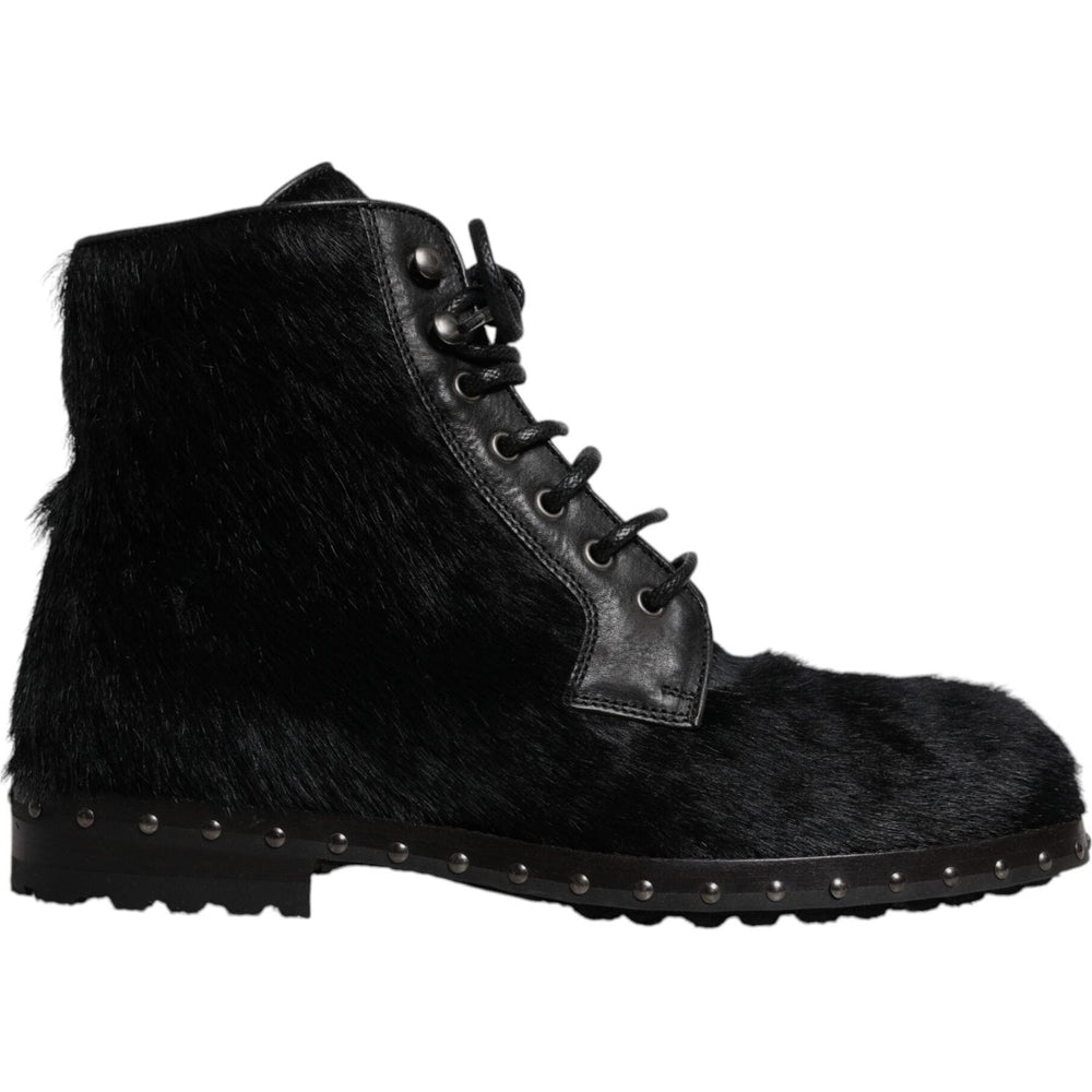 Dolce & Gabbana Black Pony Style Leather Mid Calf Boots Shoes MV7174-42