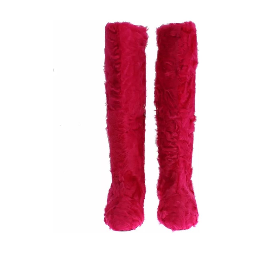 Dolce & Gabbana Pink Lamb Fur Leather Flat Boots Shoes LA2105-38