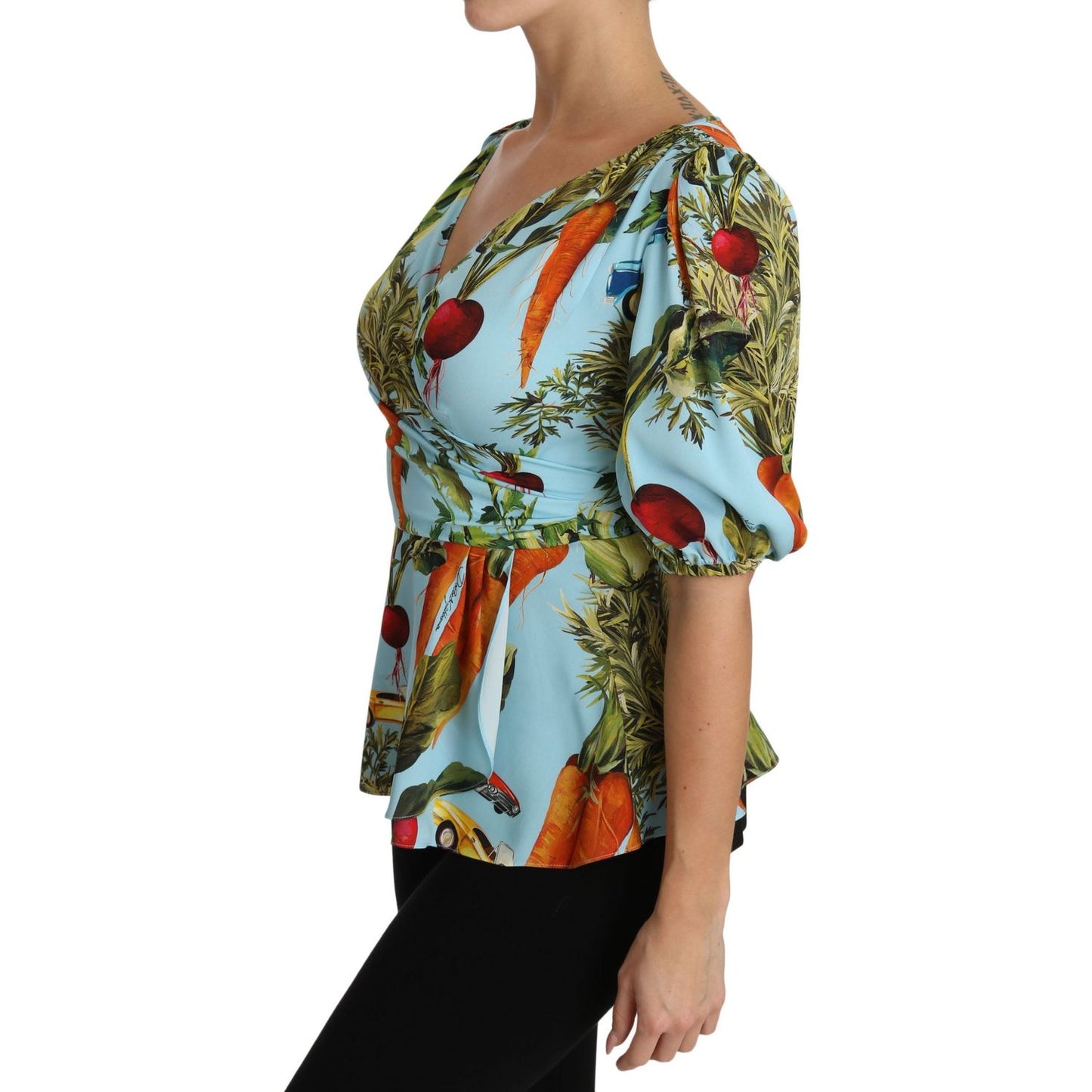 Dolce & Gabbana Multicolor Vegetable Print Silk Top Peplum Wrap Blouse TSH3126-36