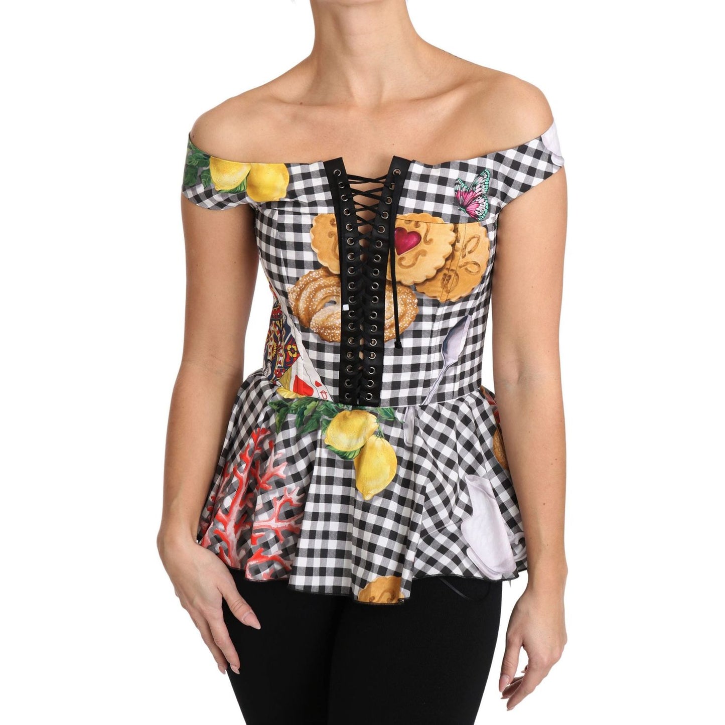 Dolce & Gabbana Black and White Corset Blouse Sicily Lemon Check Top TSH3084-36