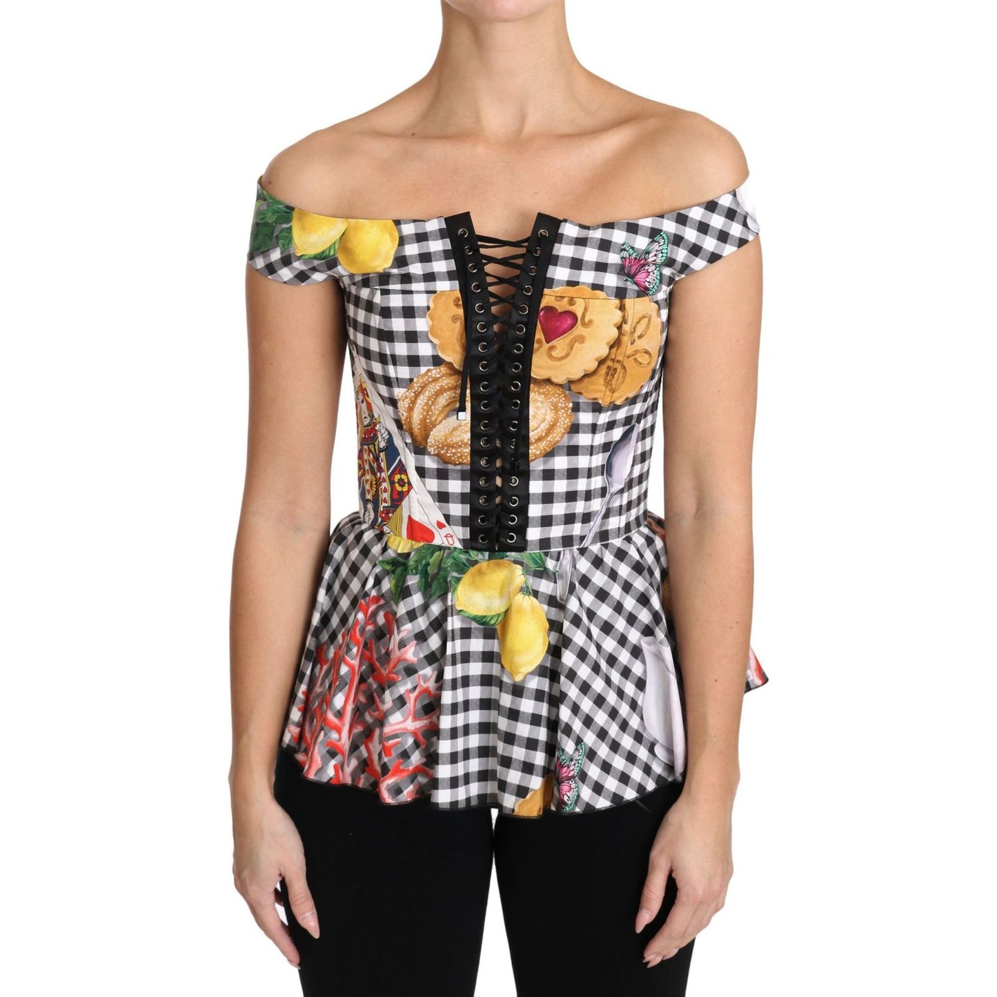 Dolce & Gabbana Black and White Corset Blouse Sicily Lemon Check Top TSH3084-36