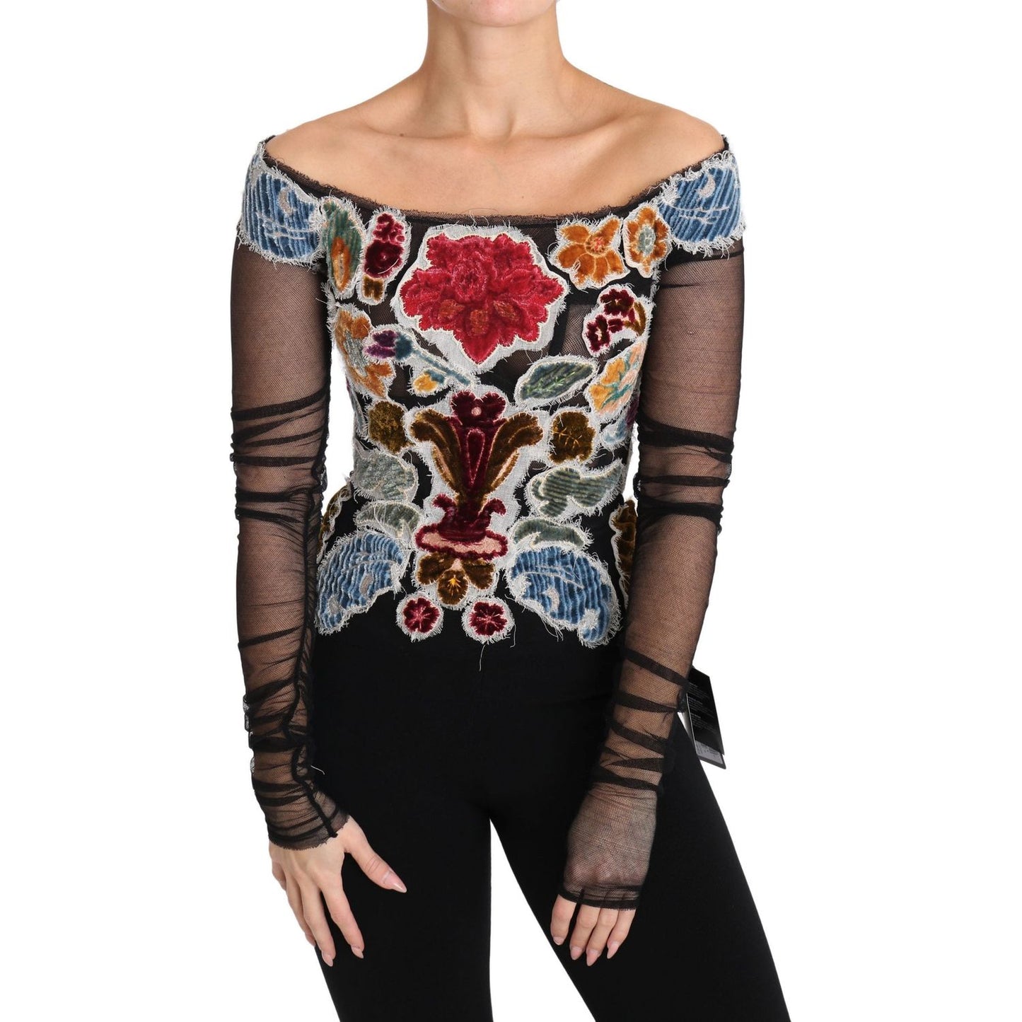 Dolce & Gabbana Black Floral Ricamo Top T-shirt Blouse TSH3085-36