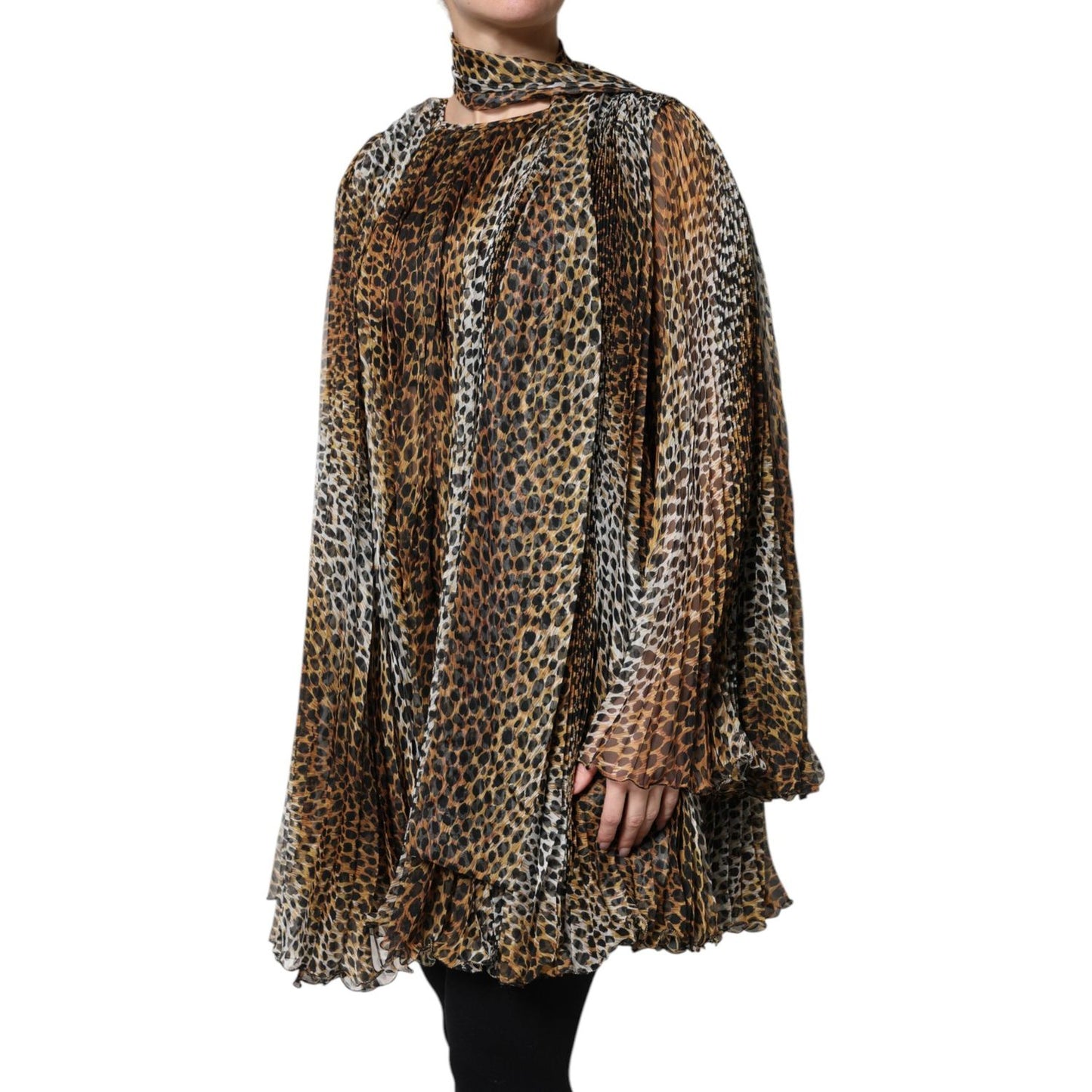 Dolce & Gabbana Brown Leopard Print Scarf Collared Chiffon Dress DR81635-38
