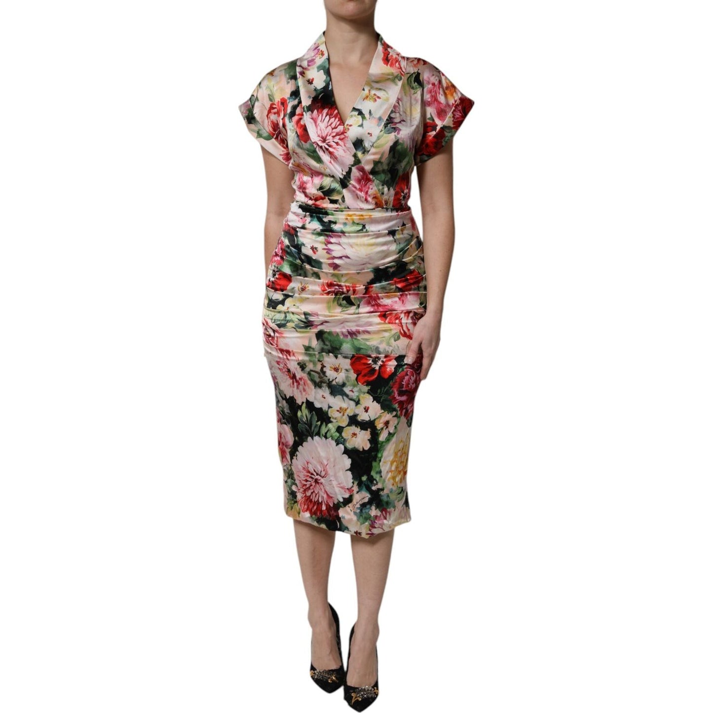 Dolce & Gabbana Multicolor Floral Short Sleeves Sheath Midi Dress DR81654-36