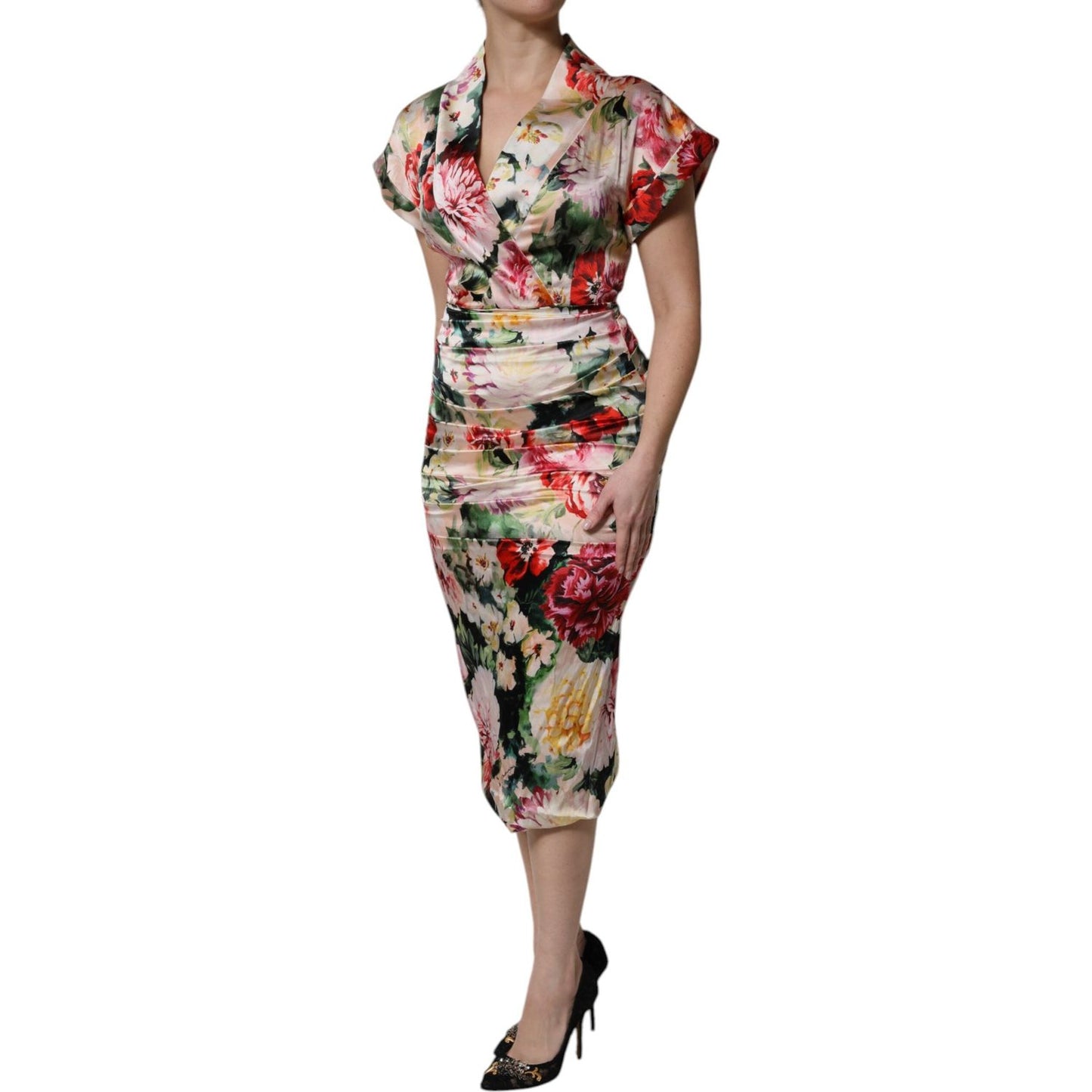 Dolce & Gabbana Multicolor Floral Short Sleeves Sheath Midi Dress DR81654-36