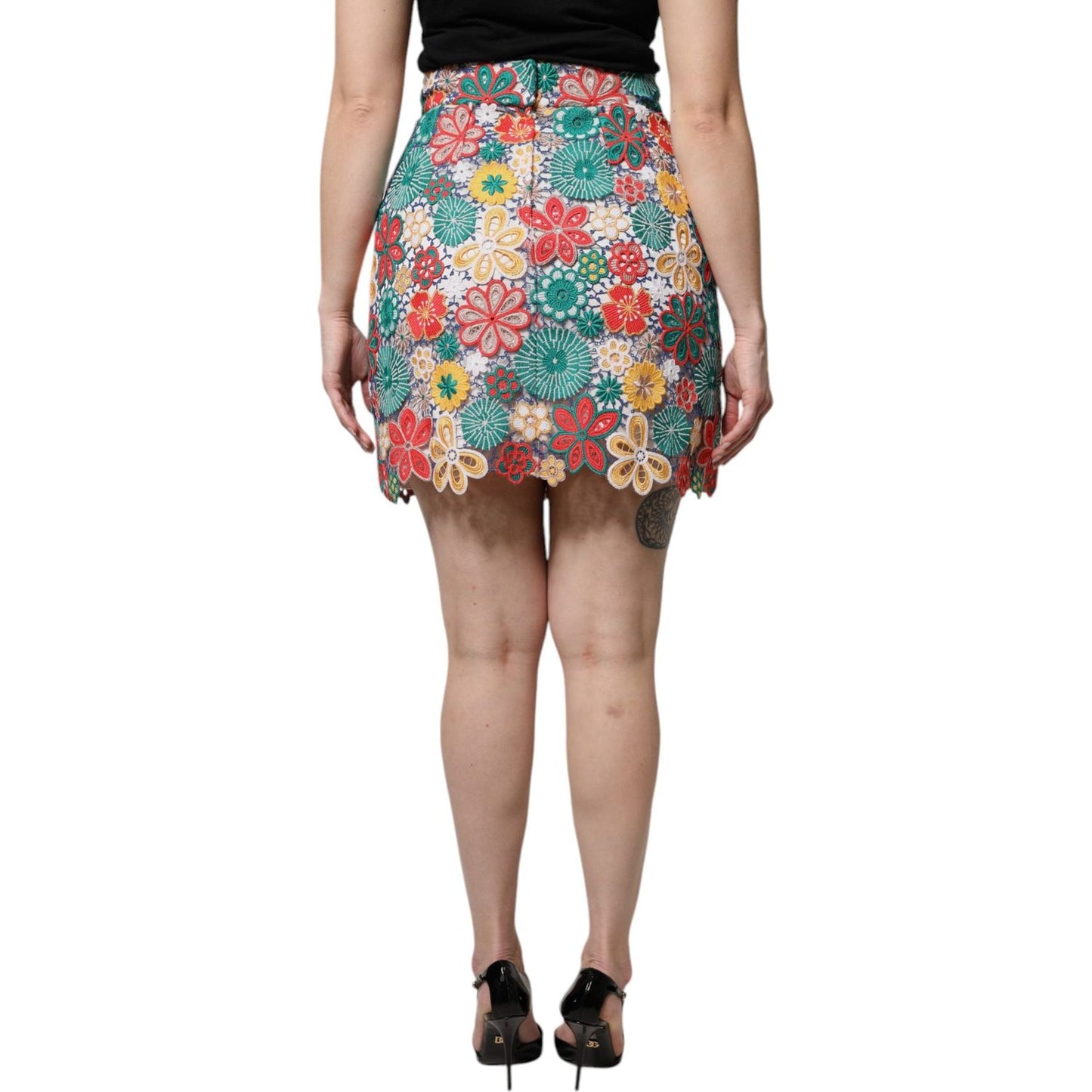 Dolce & Gabbana Multicolor Floral Lace High Waist Mini Skirt SKI2079-36