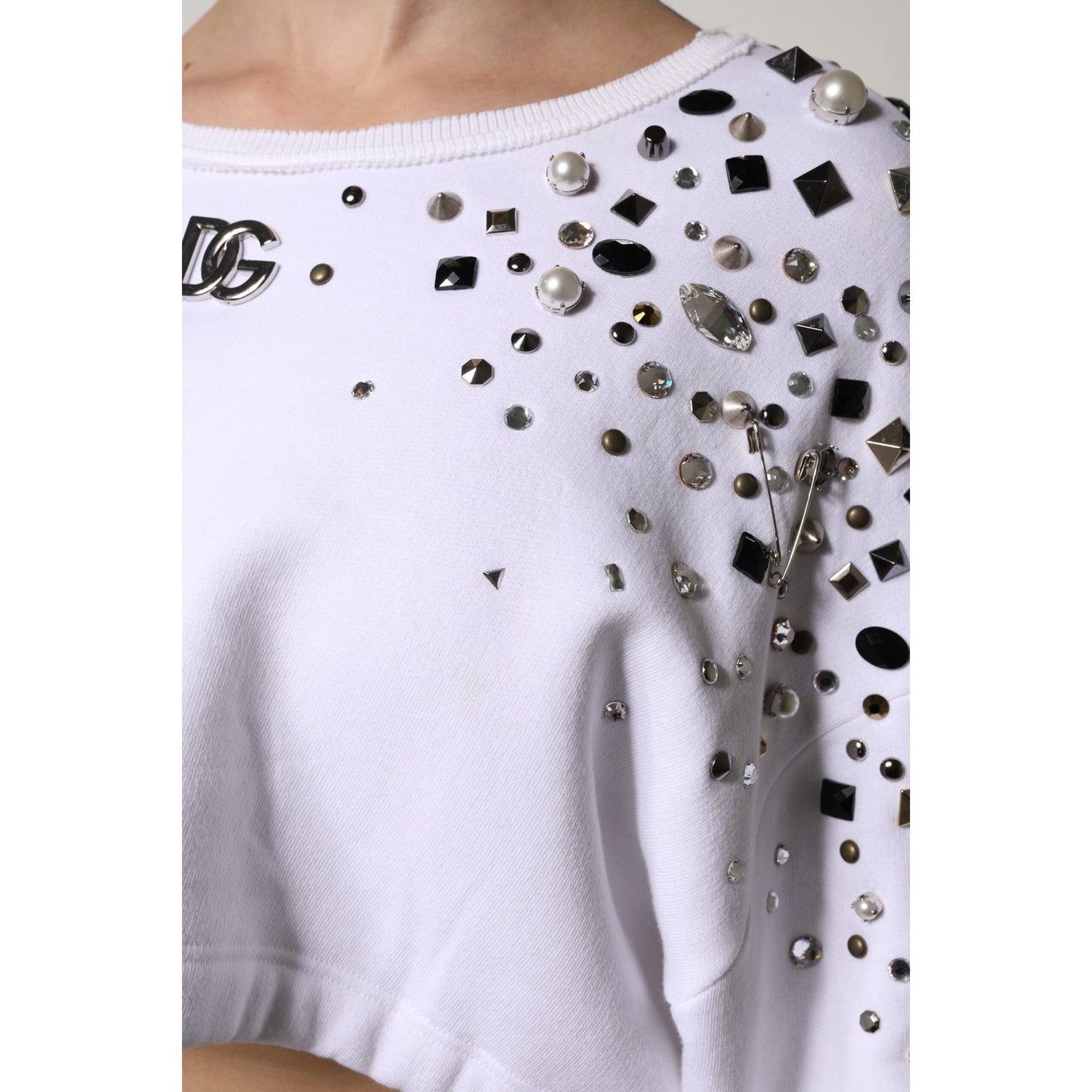 Dolce & Gabbana White Embellished Long Sleeve Cropped Sweater TSH90103-40