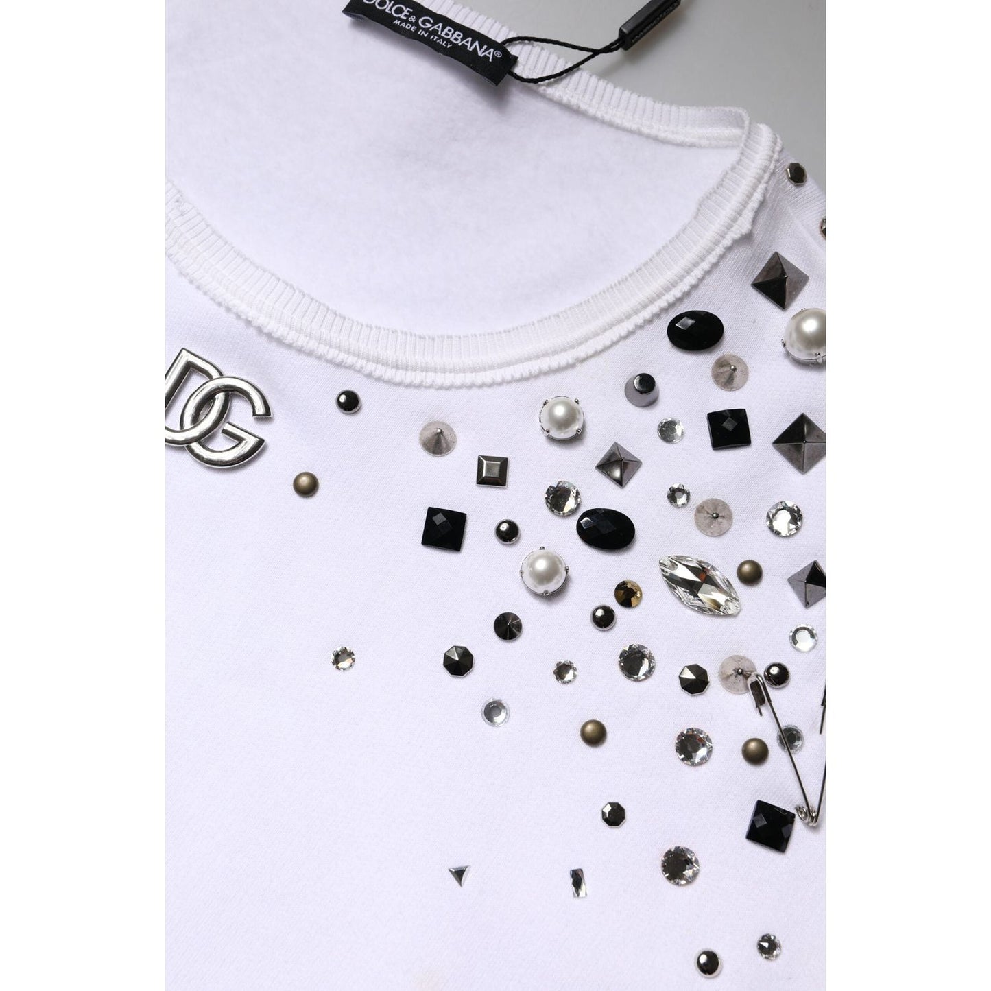 Dolce & Gabbana White Embellished Long Sleeve Cropped Sweater TSH90103-40