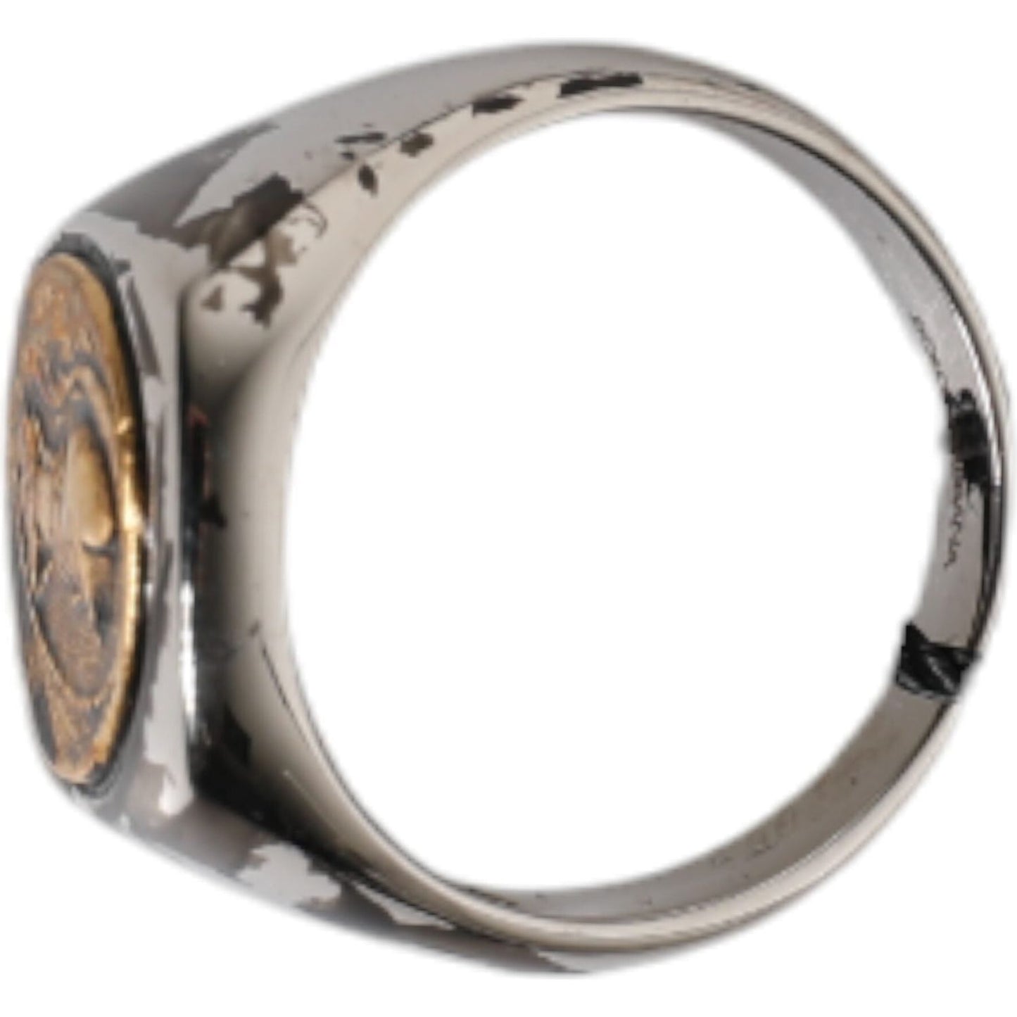 Dolce & Gabbana Silver Tone Engraved Two Color Real Brass Ring 1728,67345645728,Dolce & Gabbana,EU60 | US10,Jewelry,Material: 100% Real Brass,Men,Men - Jewelry,Preowned / Defect,Rings - Men - Jewelry,Silver SMY10464-60