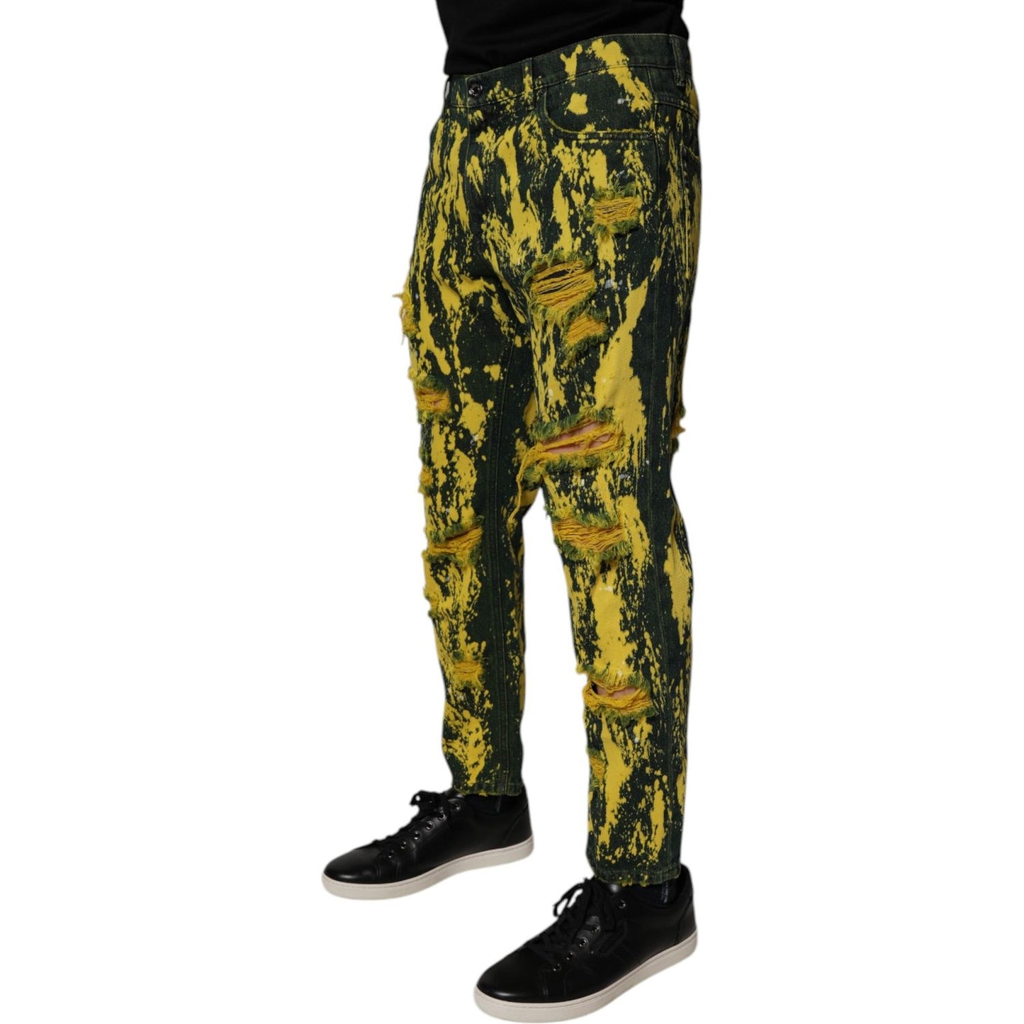 Dolce & Gabbana Black Yellow Tie Dye Tattered Skinny Men Denim Jeans PAN75159-48