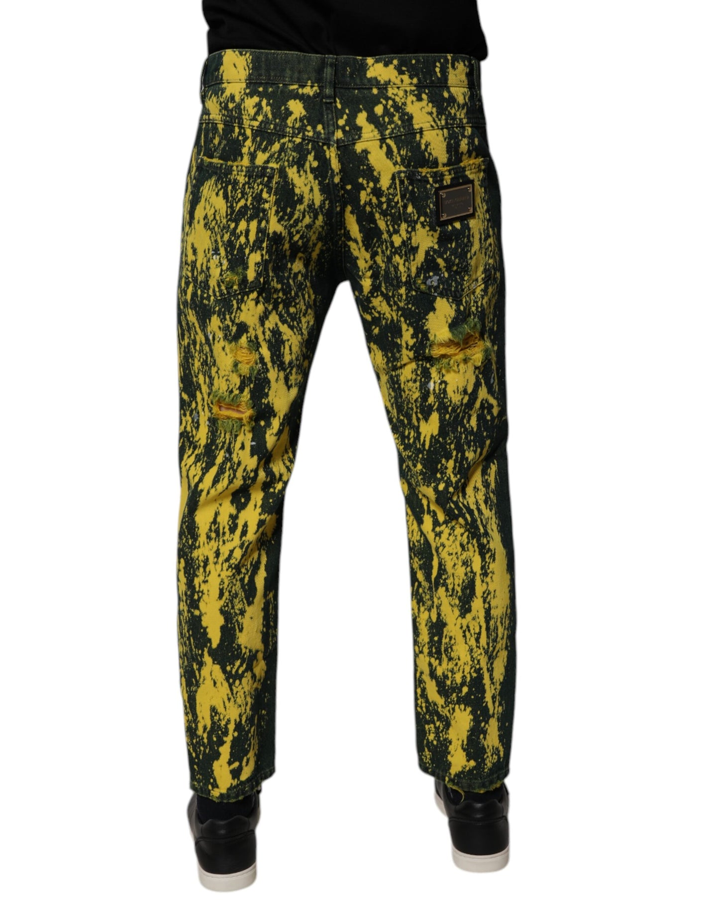 Dolce & Gabbana Black Yellow Tie Dye Tattered Skinny Men Denim Jeans PAN75159-48